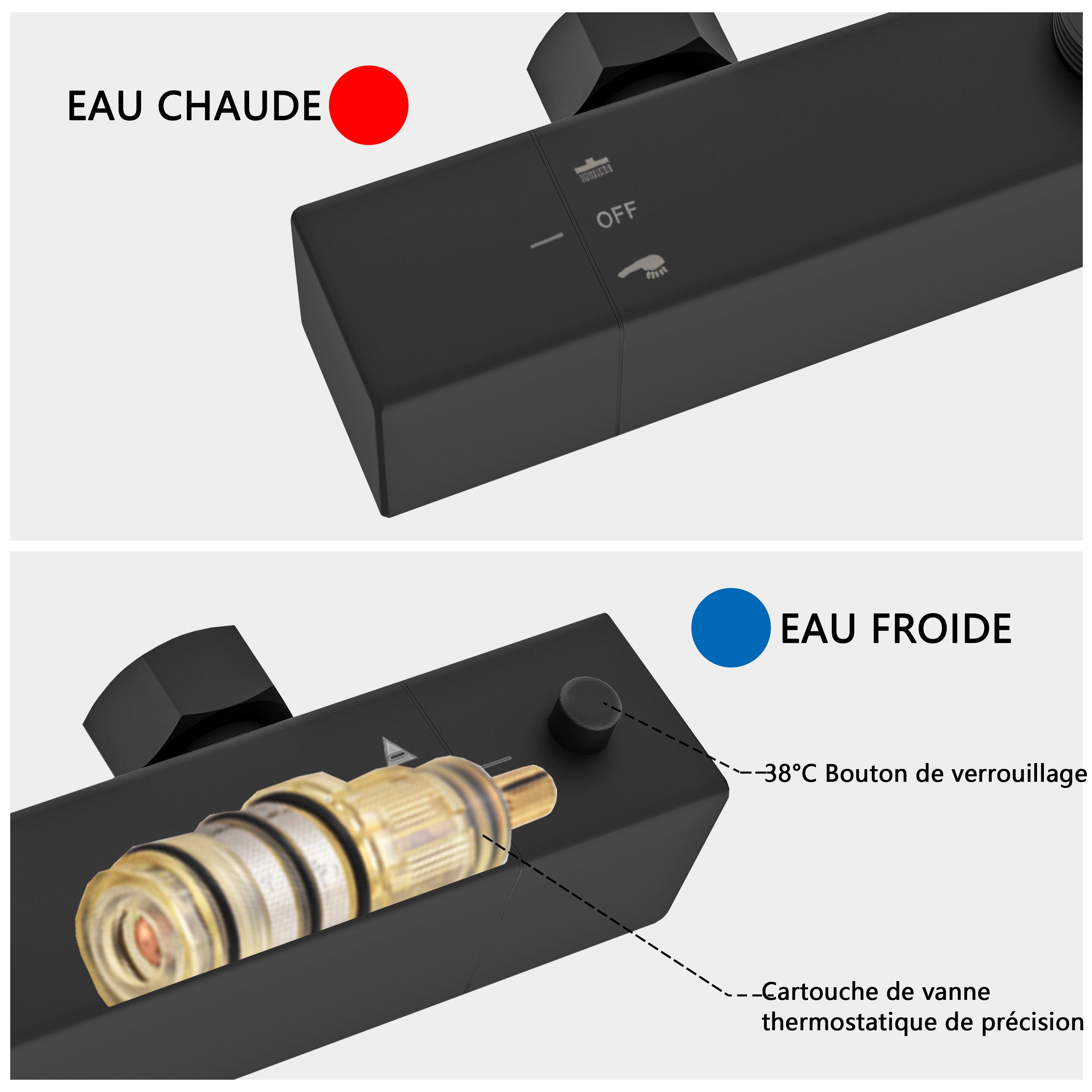 Colonne de douche thermostatique carrée noire avec réglage en hauteur AICA - 6