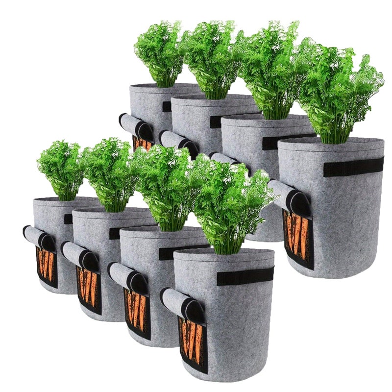 Zestaw 8 worków do uprawy owoców i warzyw, 15 L, D25 cm x H30 cm, wykonane z wytrzymałego filcu, szare