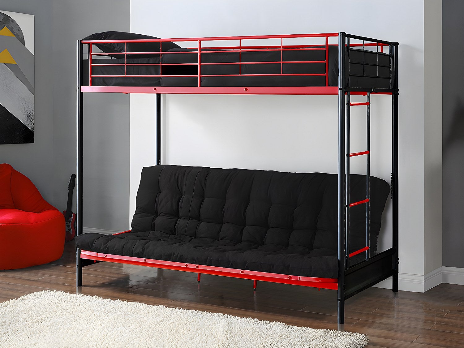 Łóżko na antresoli 90 x 190 cm - Z rozkładaną kanapą - Metal - Kolor czarny + czerwony + futon - MODULO V