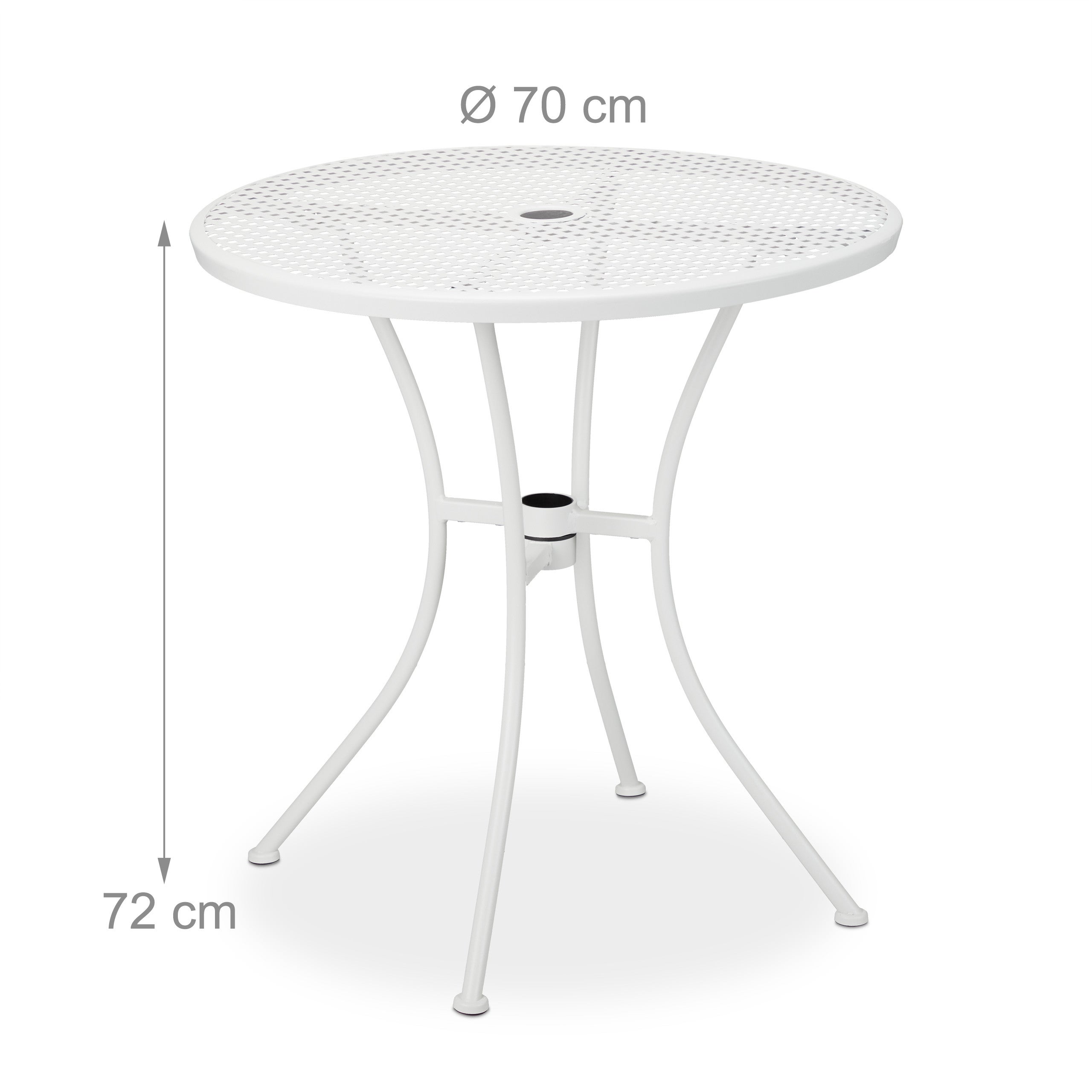 Mesa de jardim, com buraco para guarda-sol, design em grelha, aço robusto, 72 x 70 cm, mesa redonda branca, Relaxdays - 4