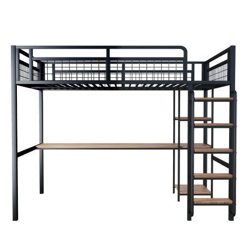 Lit Mezzanine Métal Avec Barrière Sécurité - Dimensions 140x200 Cm - Blanc - Échelle Intégrée, Espace Rangement Dessous - Sans Matelas