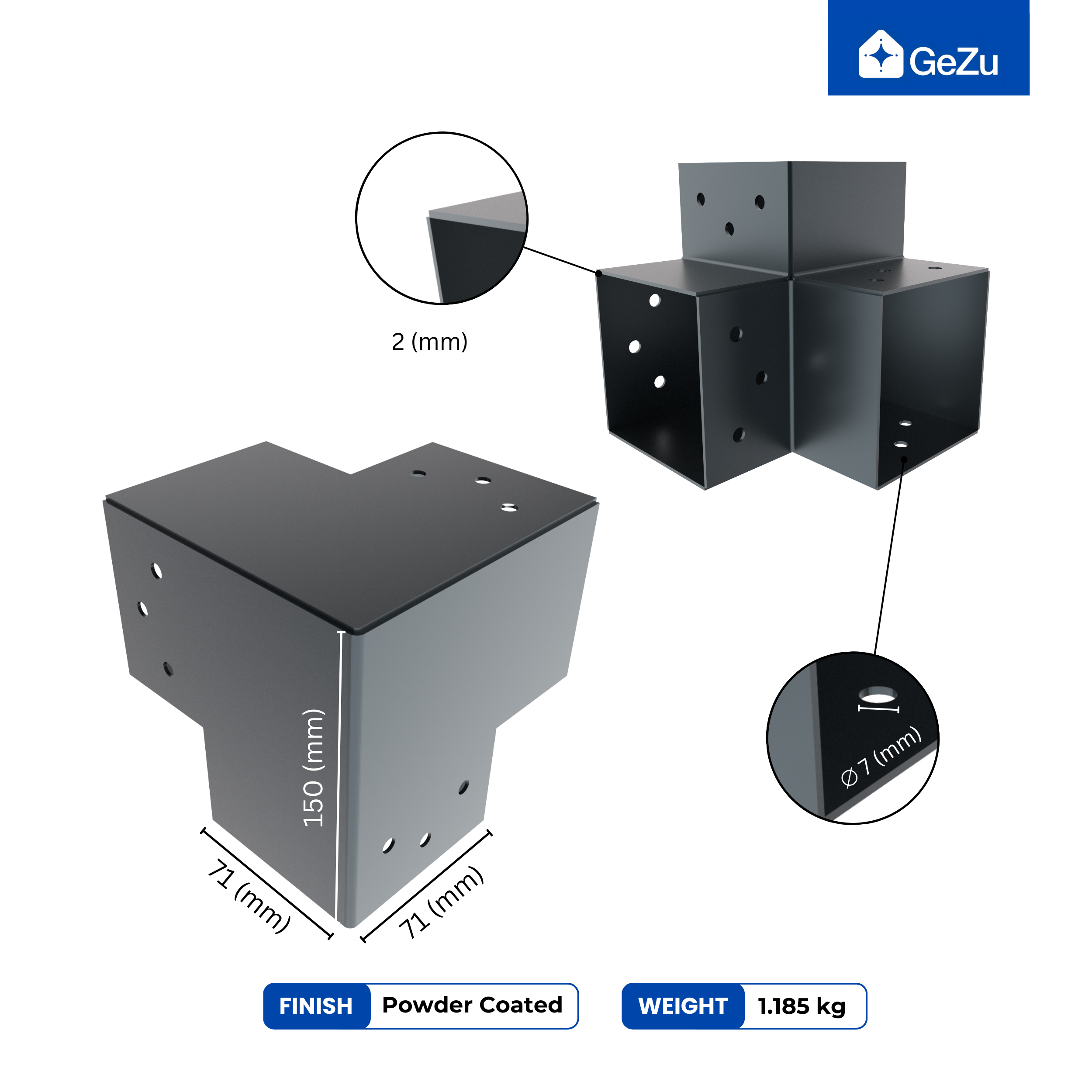 Connecteur de Poteau Y 71x71 mm Thermolaqué Anthracite Pergola Connecteur D’Angle Droit 3 Voies Pavilon Support de Menuiserie DIY GeZu Impex - 2