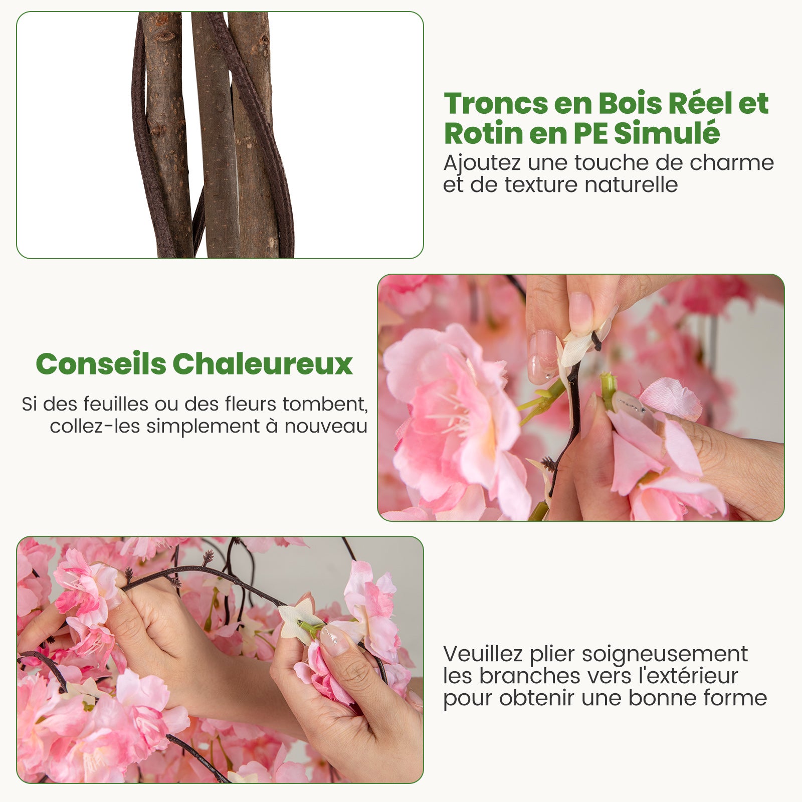 Albero di Ciliegio Artificiale 163 CM, Pianta Finta da Interno con Vaso in PP Riempito con Cemento, Fiori in Tessuto, Decorazione per Ufficio, Casa e - 9