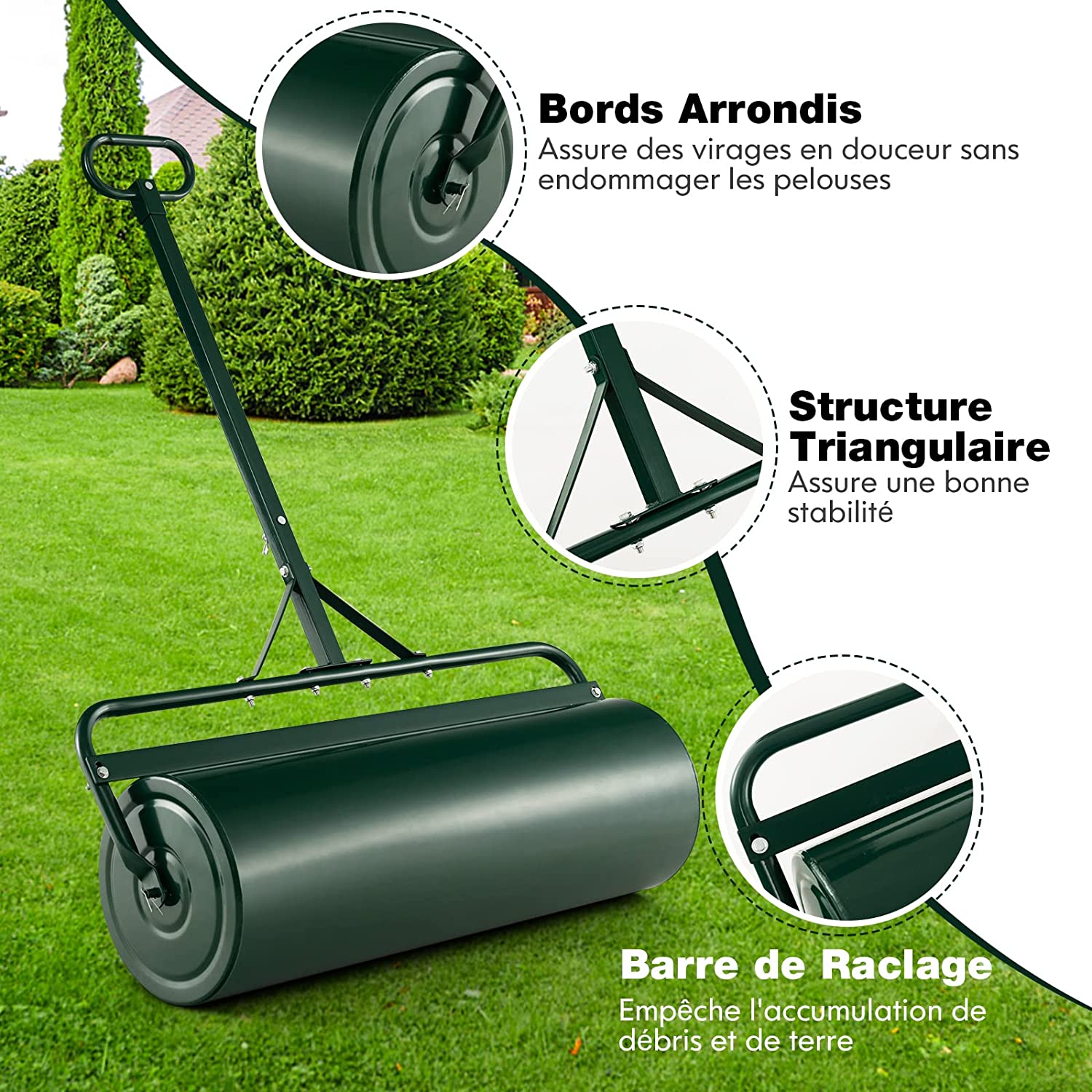 Rullo per Prato in Metallo, Rullo da Giardino Riempibile con 30 Litri di Acqua/Sabbia, con Gancio e Impugnatura Staccabile per Giardino, Prato - 4