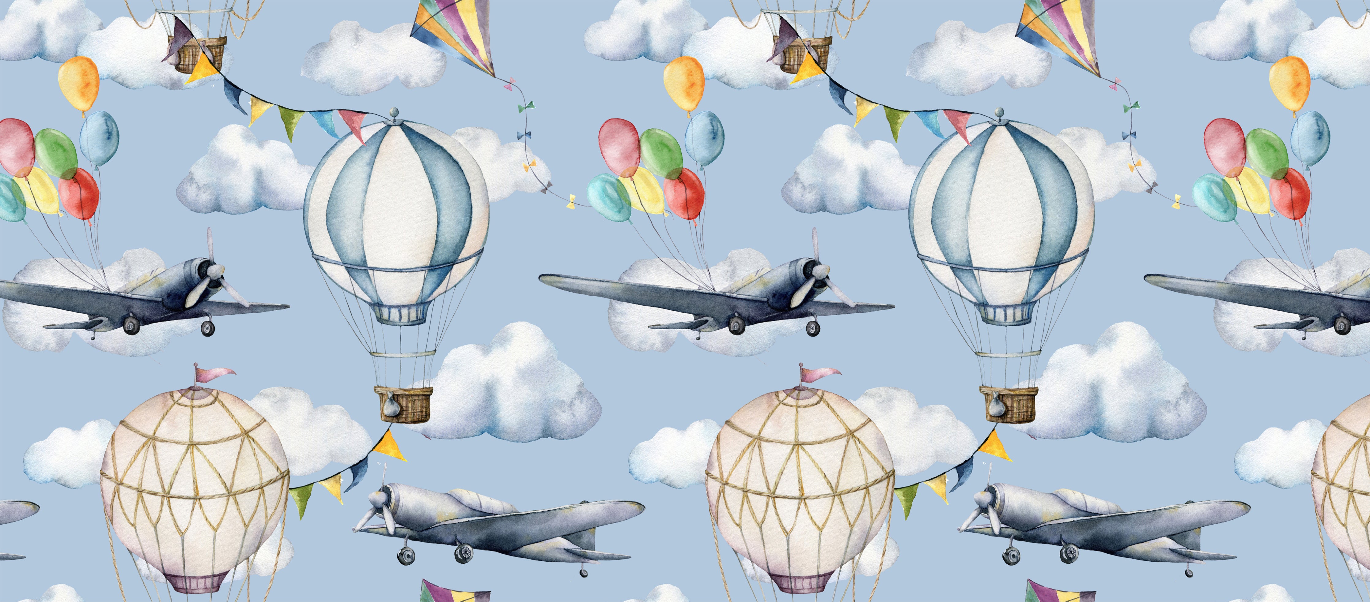 Dywan winylowy dla dzieci Balony i samoloty 66x150 cm - PVC antypoślizgowa, winylowa do pokoju dziecięcego, trudnopalna i zmywalna.
