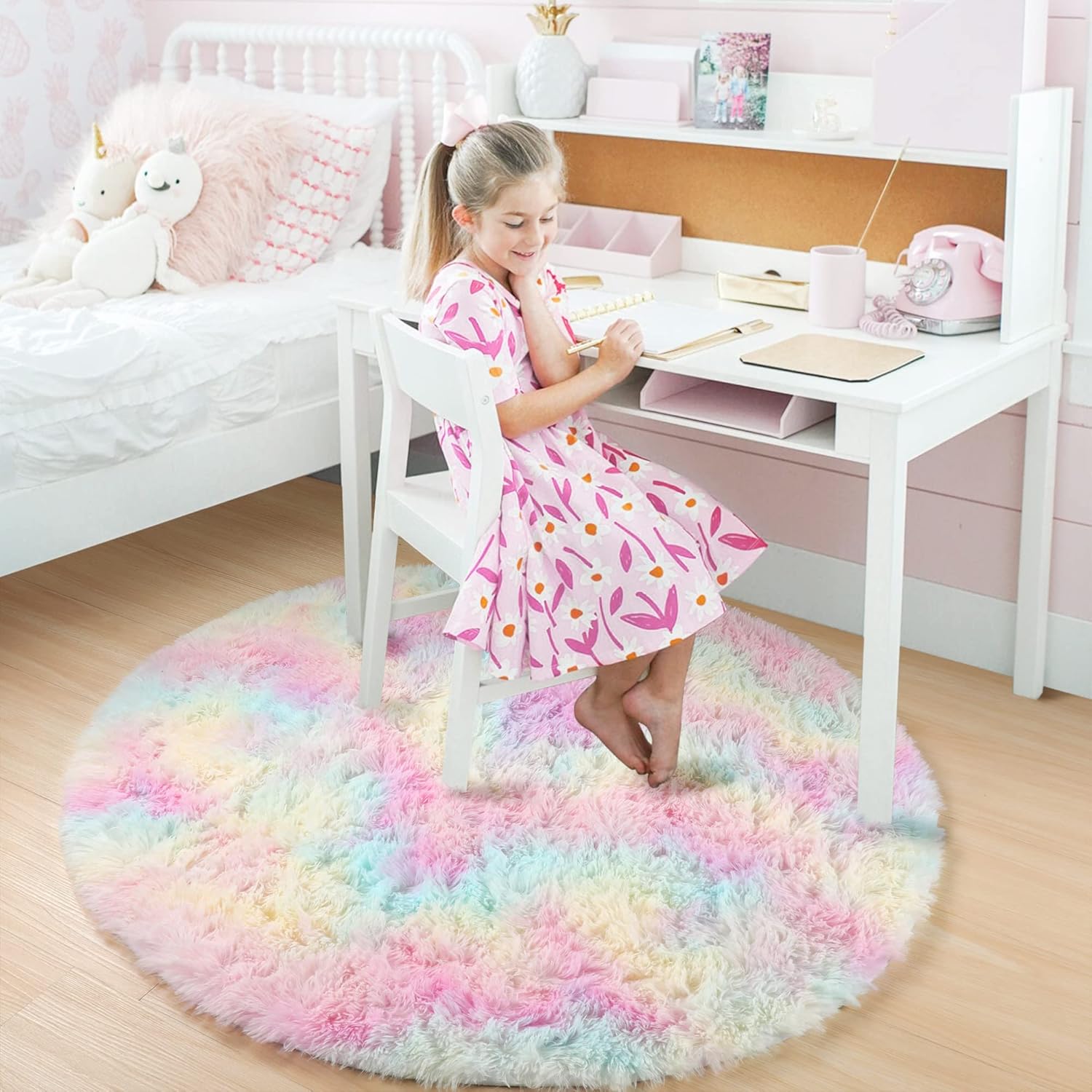 Tapis rond arc-en-ciel moelleux pour chambre de , doux et moelleux pour chambre de bébé ou salle de jeux, 1,2 m - 2