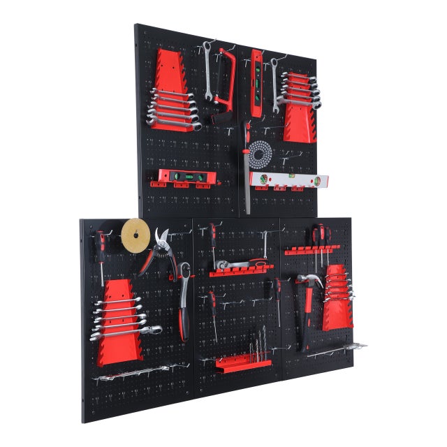 Panel perforado para herramientas de taller, 5 paneles de 60 x 40 x 2 cm, set de 53 piezas con 48 accesorios, acero negro y rojo, Relaxdays