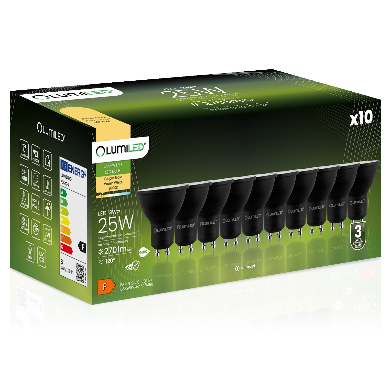 10x Żarówka Lumiled LED GU10 Reflektor PAR16 3W = 25W 270lm 3000K Ciepła 120st Czarna