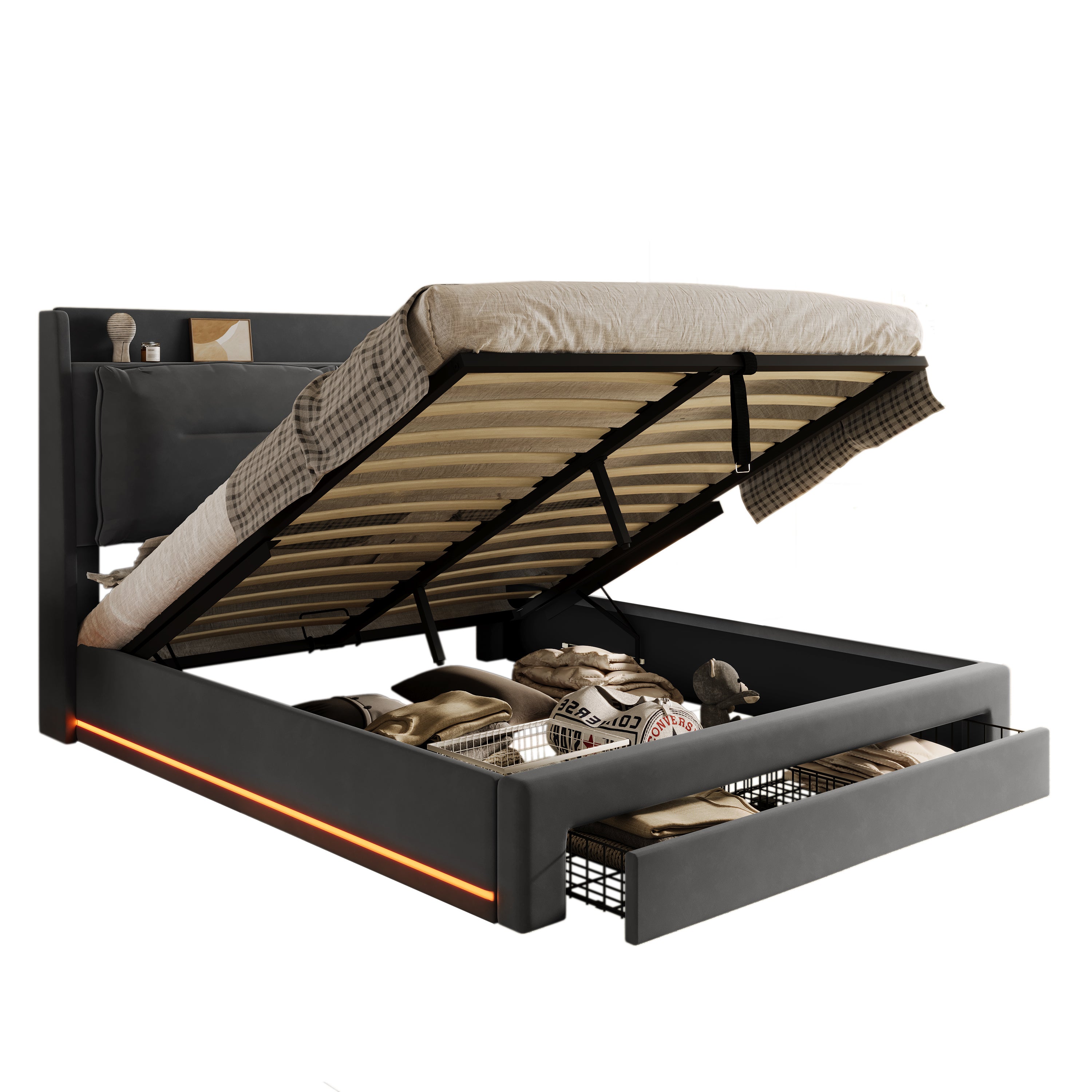 Cama con canapé tapizada en terciopelo - 140x190 cm - 2 cajones a los pies de la cama - Tira de luces LED empotrada a los pies de la cama - Gris - 4