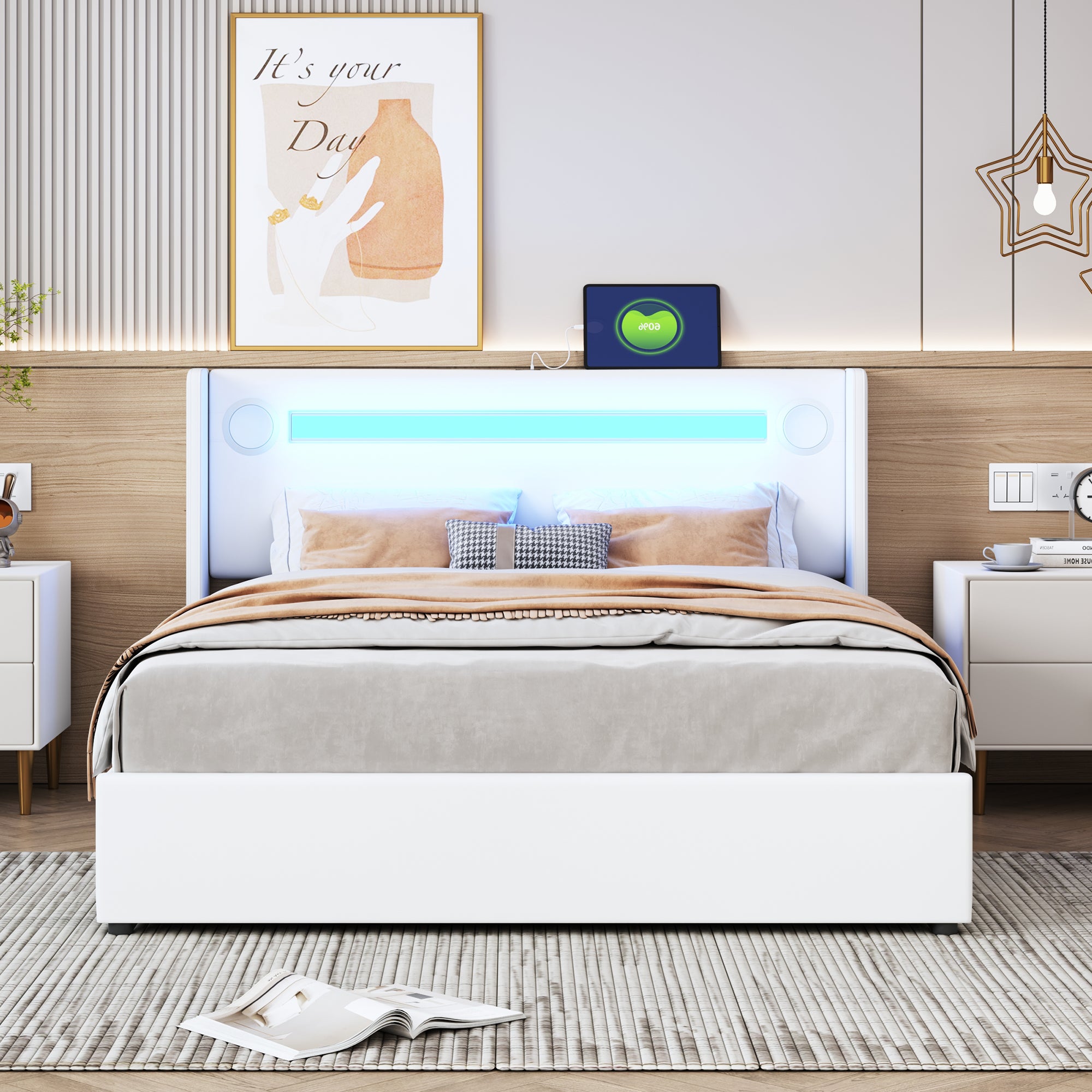 Łóżko podwójne tapicerowane 140x200 białe, łóżko do przechowywania z lampką LED, odtwarzaczem Bluetooth i ładowaniem USB, skóra pu