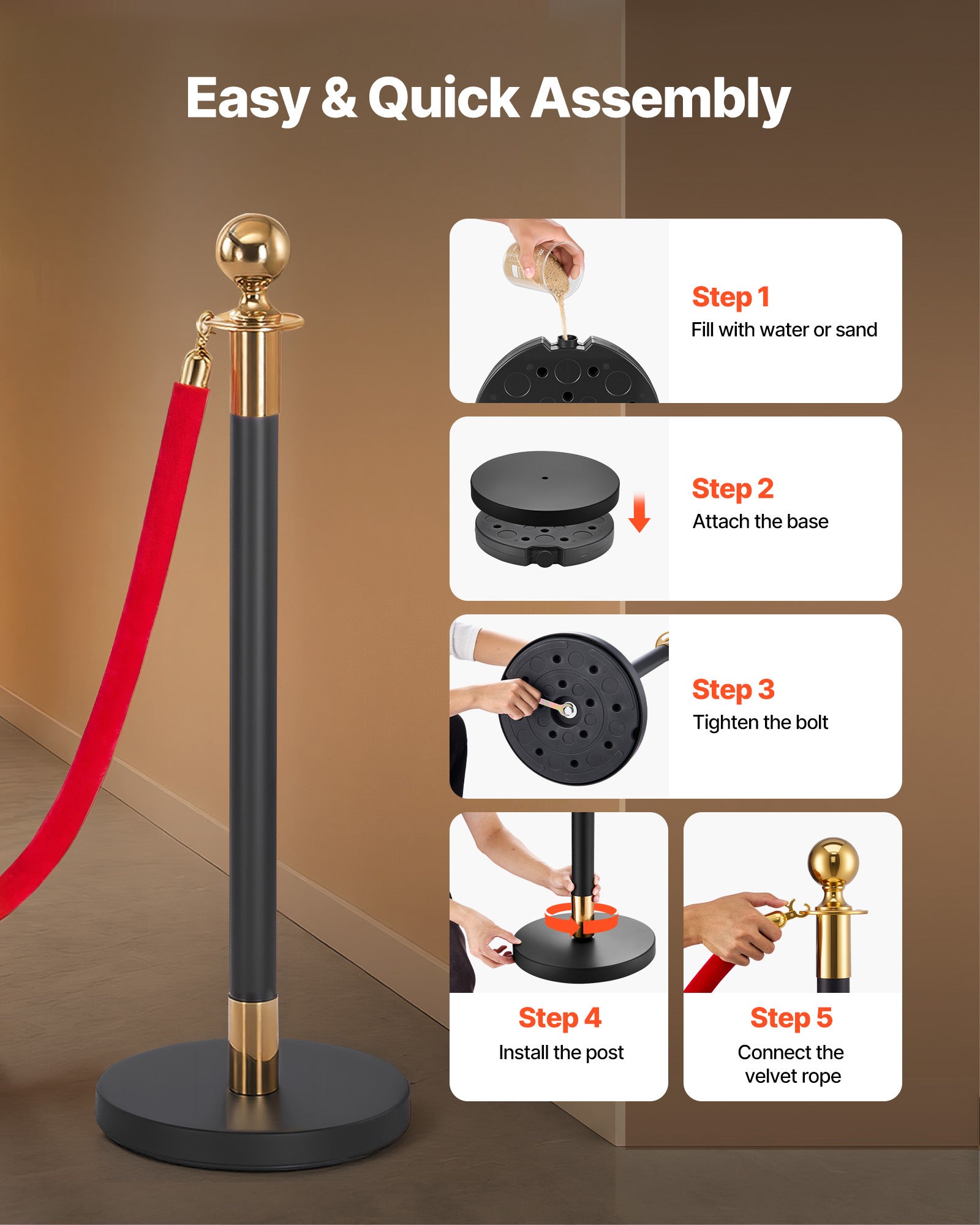 Poteau Guidage VEVOR 6PCs, avec 4 Cordes en Velours de 1,5 m et Tapis Rouge, pour Contrôle de Foules Théâtre Fête Mariage Exposition, avec Base Creuse - 5