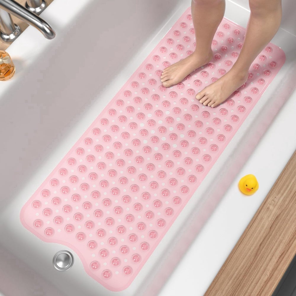 Covoraș de baie antiderapant 101 x 40 cm cu ventuze, microfibră matlasată, moale și absorbant, pentru baie și duș, roz