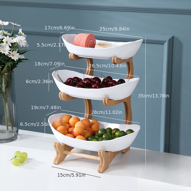 AmkWood Corbeille à Fruits 3 Étages En Céramique Avec Support En Bois - Décoration Élégante Pour Cuisine Et Table