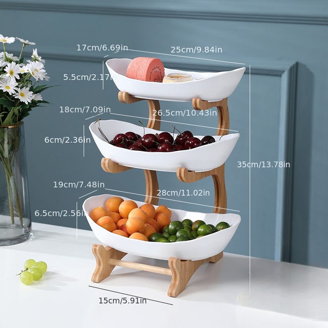 AmkWood Corbeille à Fruits 3 Étages En Céramique Avec Support En Bois - Décoration Élégante Pour Cuisine Et Table