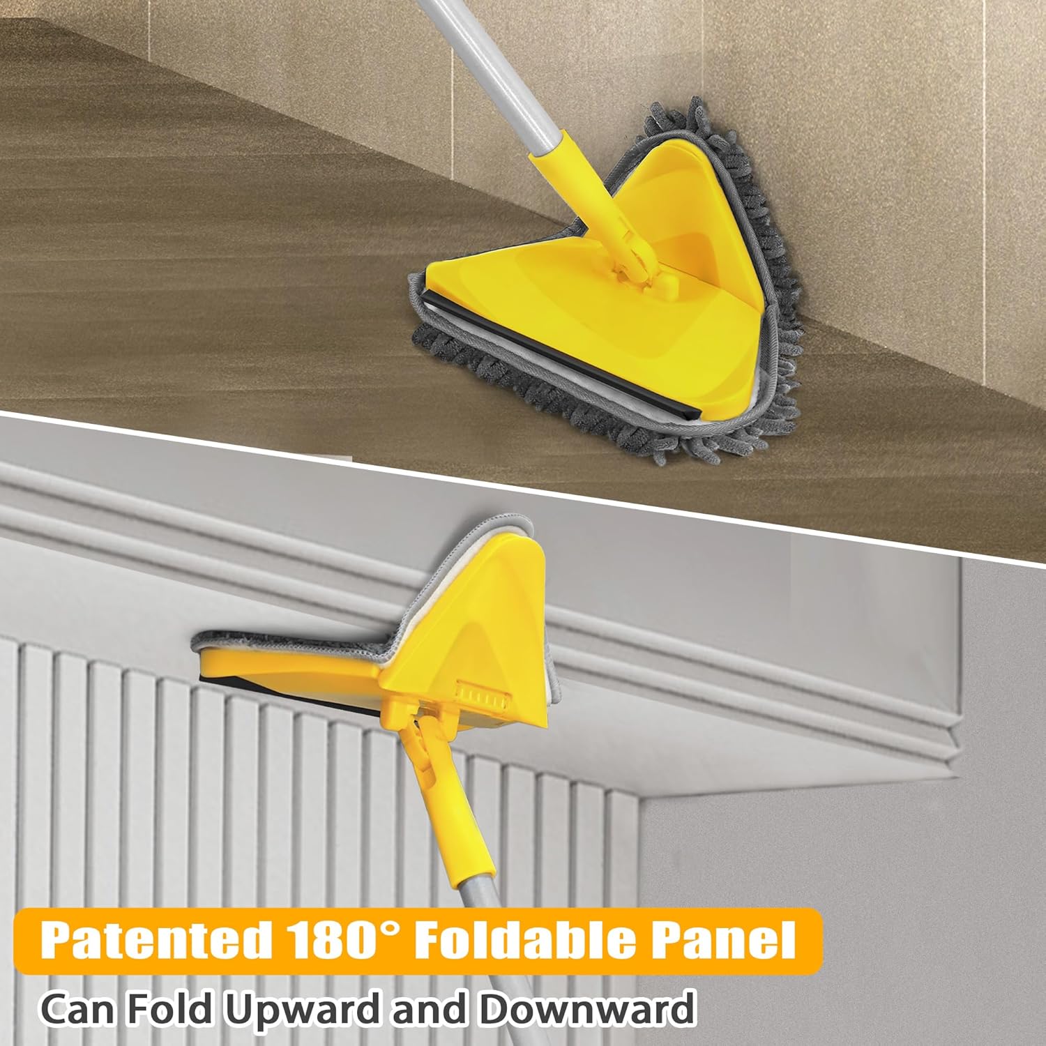 Balai Plafond Triangulaire avec 208 cm Longue Poignée, Dernier cri 180°Serpillère Pliable avec 6 Microfibre Chenille Pads pour Mur, Plafond (Jaune) - 2