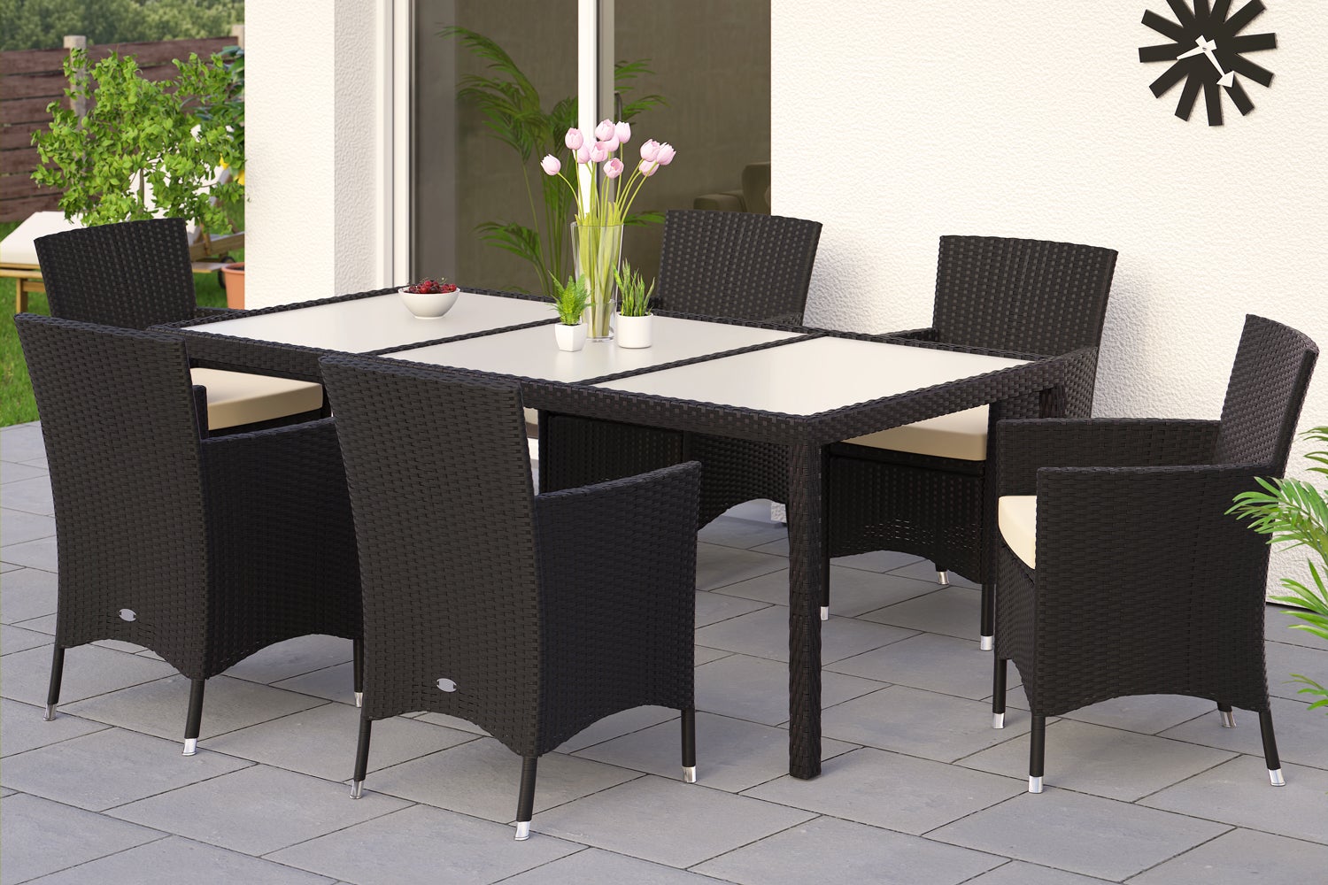 CASARIA® Salon de jardin 6 personnes en Polyrotin 190x90cm Noir chaises empilables ensemble de meubles set de jardin - 2