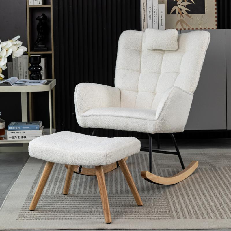 Fauteuil à bascule confortable blanc 93 cm avec repose-pieds, coussin lombaire, structure en bois de caoutchouc, fauteuil de relaxation - 5