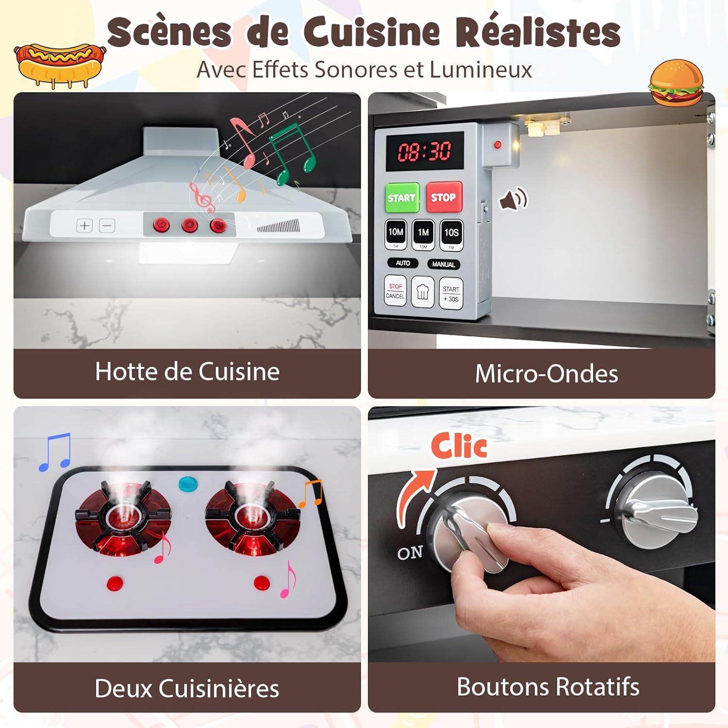 Cuisine Enfant, Cuisine d’Angle avec Tableau Noir, Hotte, Jouet de Cuisine en Bois avec Effets Lumineux et Sonores, Cadeau pour Enfant 3+ Ans (Café) - 4