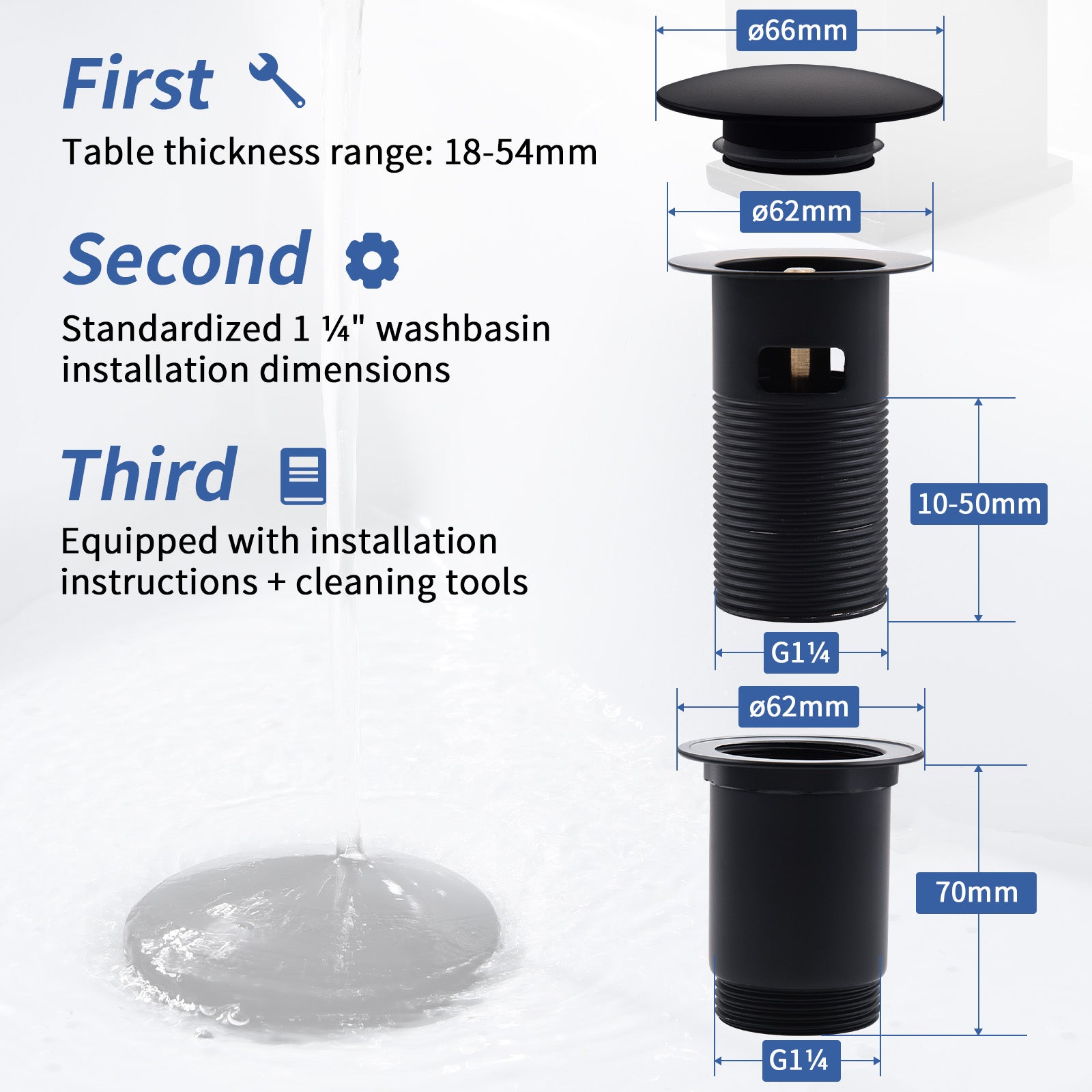 Bonde de Lavabo Bonde Pop-up avec Trop-plein Automatique Universelle Vidage pour Vasque et Lavabo Équipé Panier-filtre, Noir - 2