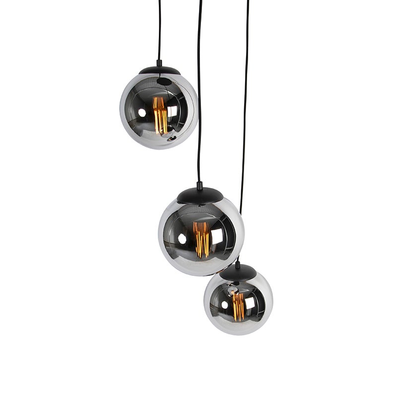 Qazqa art deco lampe suspendue - Pallon - noir et fumé, max. 25w, e27, à 3 lumières, 45cm, idéal pour la salle à manger - 6