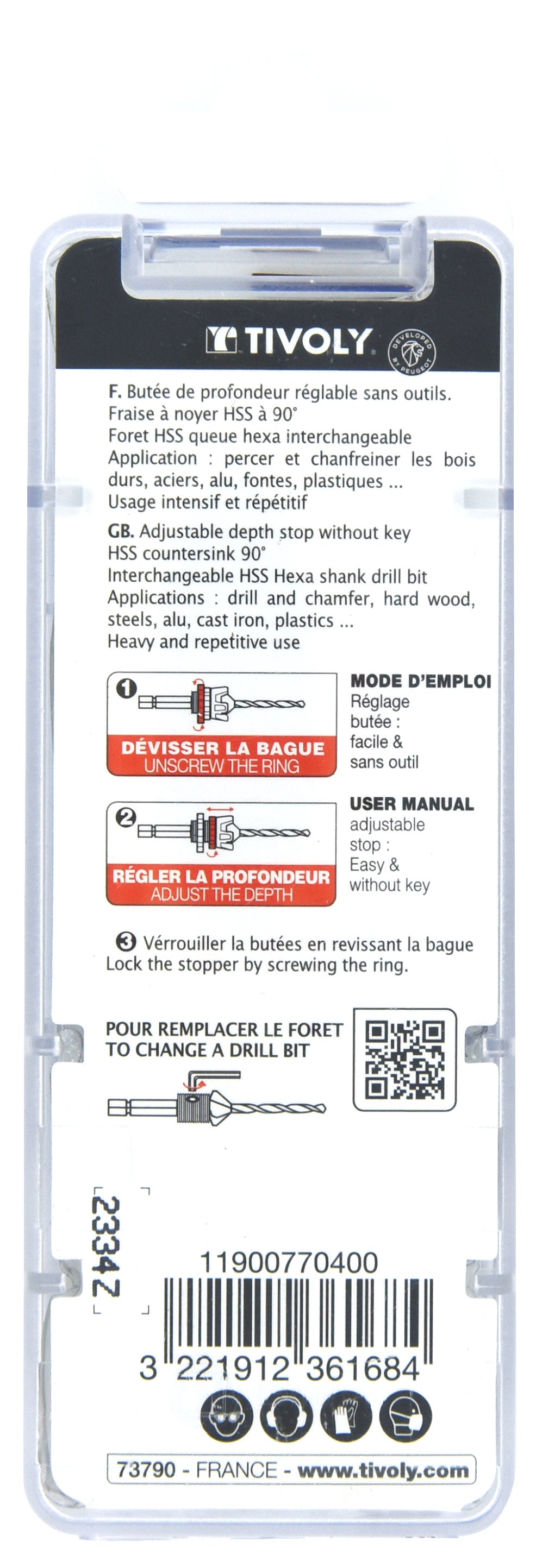 Tivoly • Kit Terrasse • Foret Ø4mm avec Fraisoir • Mèche & Fraise 2 en 1 Bois-Métal • 3 Embouts INOX • Foret de Rechange • Butée de Profondeur - 2