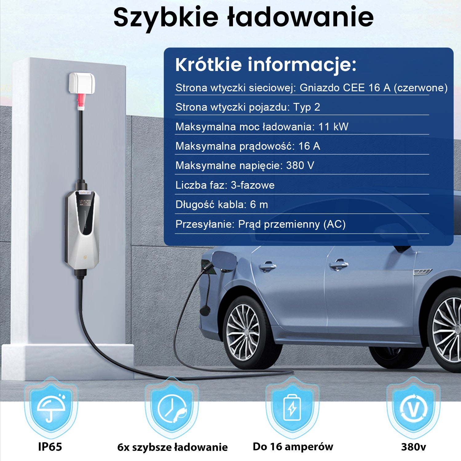 Przenośna Ładowarka EV JUNSUN 3.5/11kW | Typ 2 | Kabel 6m | IP65 | Ładowanie 3-fazowe | Aplikacja - 2