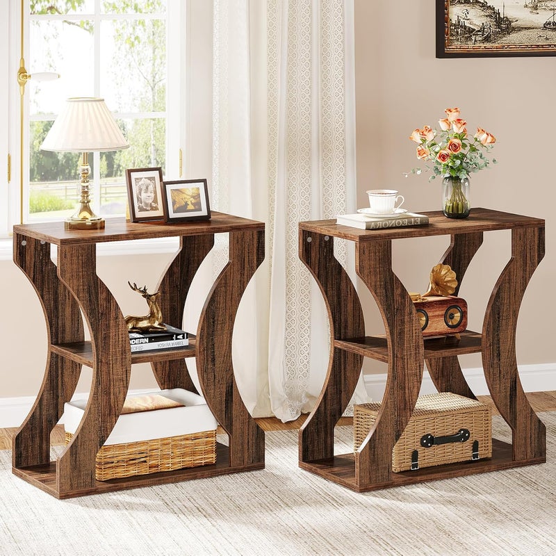 Zestaw 2 rustykalnych stolików nocnych Tribesigns 60 cm, 3-poziomowe stoliki nocne z półkami, postarzany brąz