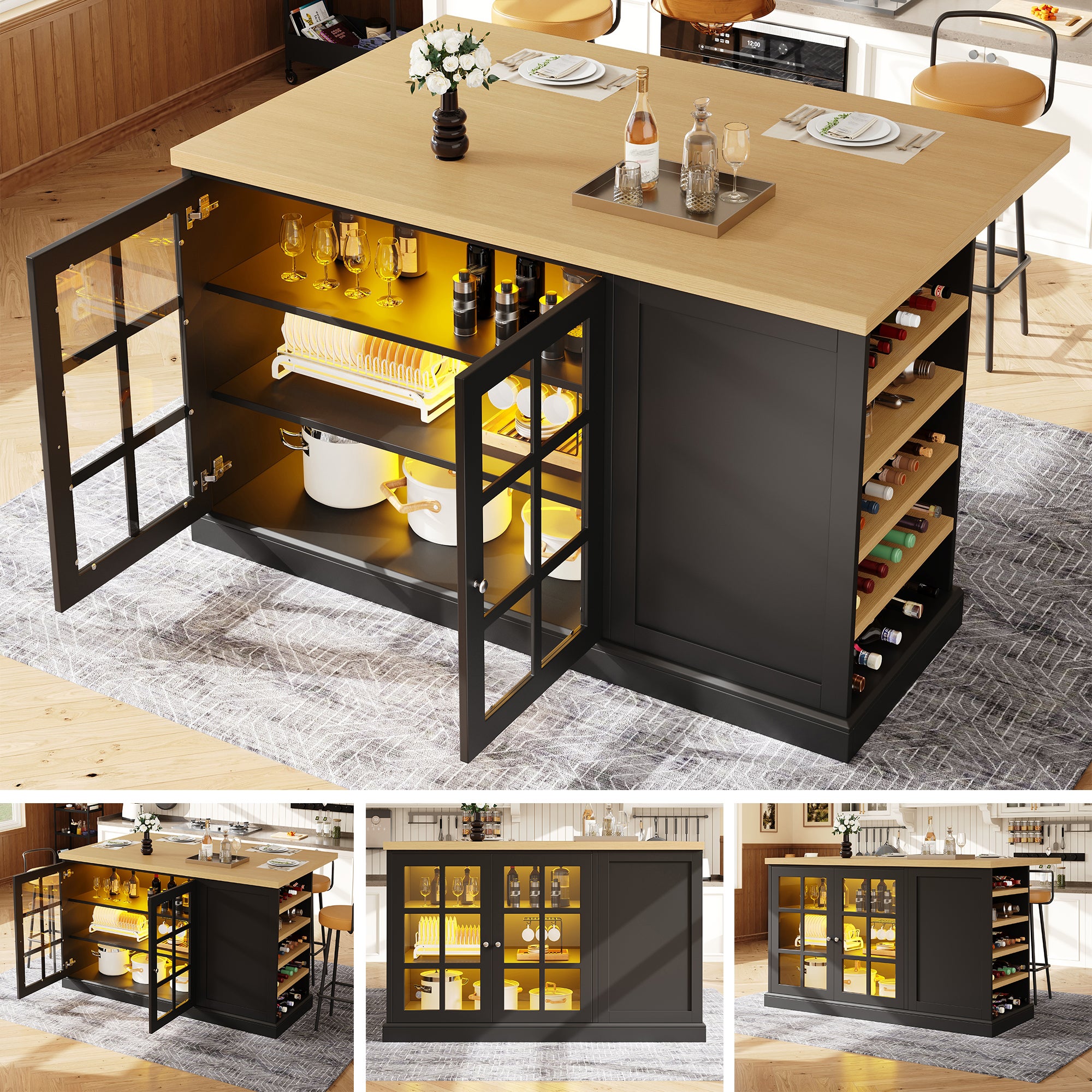 Mesa de bar plegable de 120 cm con led rgb (app), isla de cocina con botellero inclinado y cajón, tablero ajustable de 40 a 70 cm - negro/madera