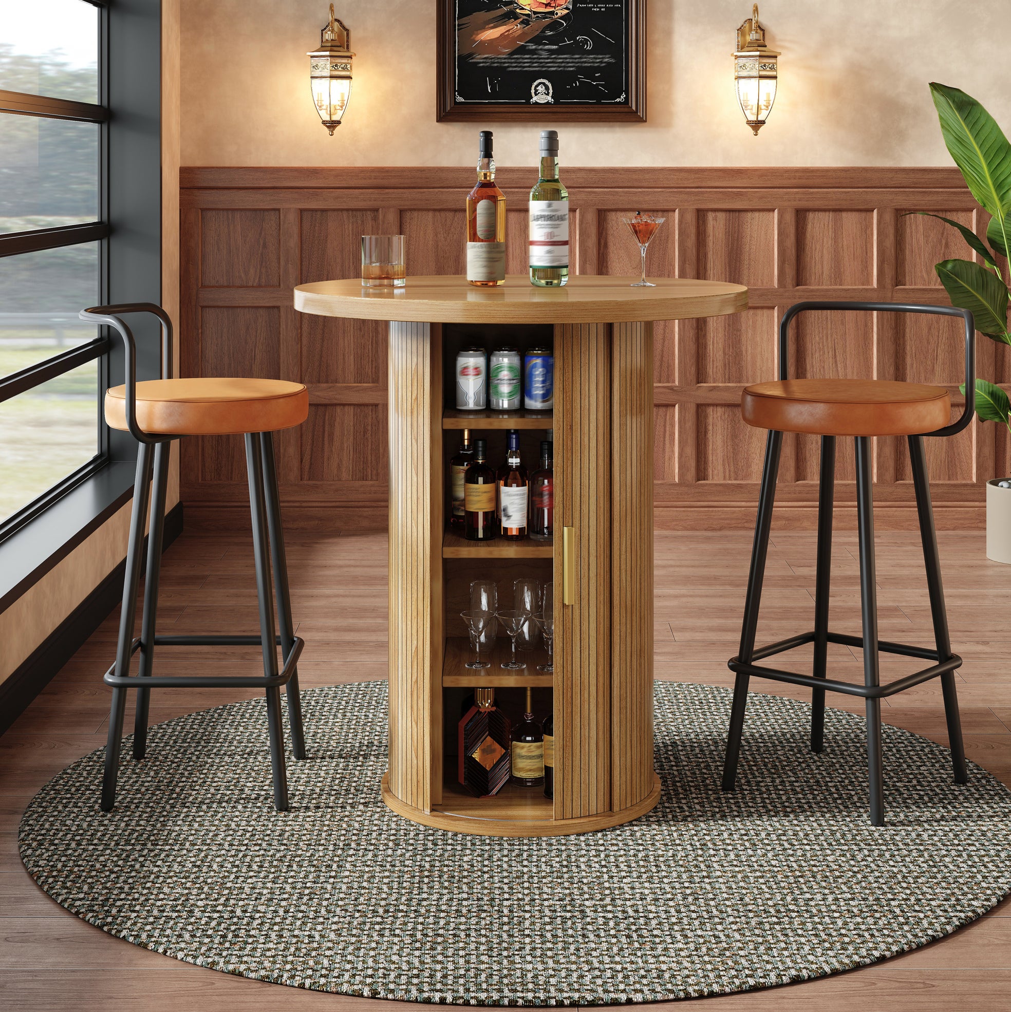 Table de bar 60x60x91,6 cm MDF coloris bois avec rangement et porte ...