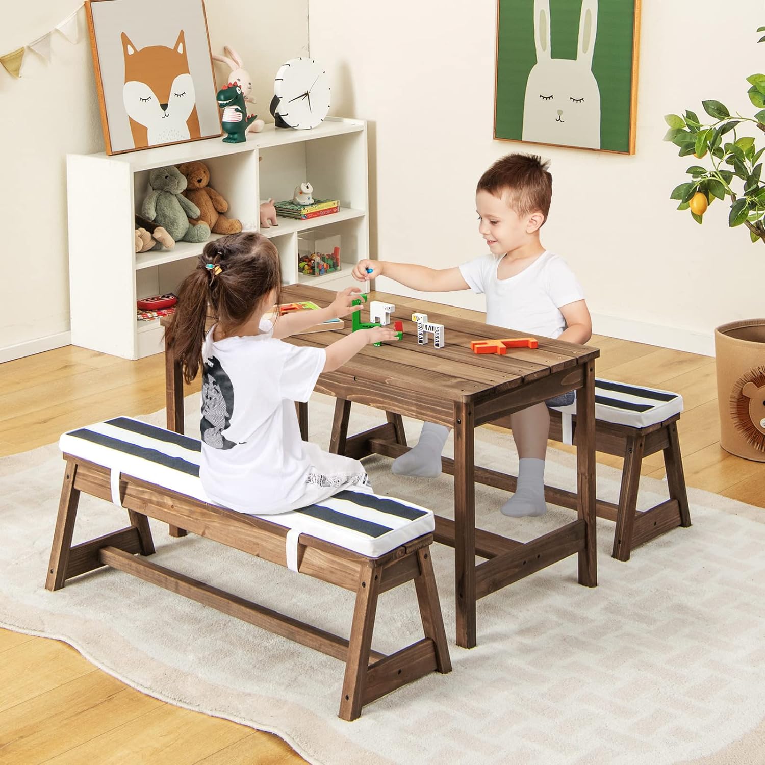 Mesa infantil de exterior, mesa de picnic infantil con sombrilla, mesa y banco de jardín, muebles de madera para 1-4 niños (azul) - 8