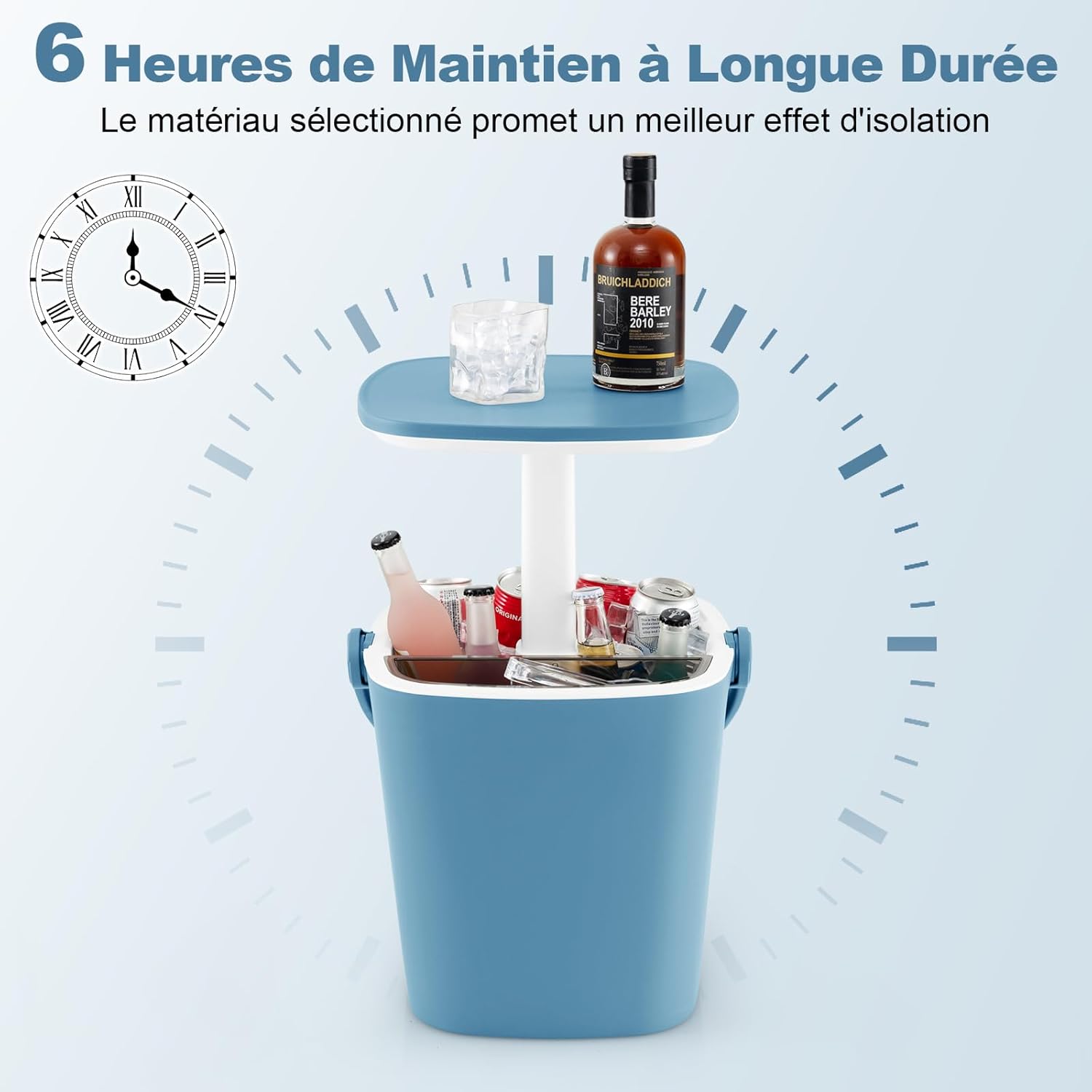 3 en 1 Table Glacière Extérieur 15 L, Table d'Appoint Patio avec Couvercle Rétractable, Compartiment, Ouvre-Bouteille et Pince Glace (Bleu) - 3