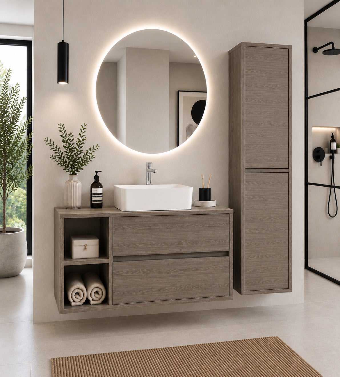 Mobilier de baie con encimera de madera y lavabo sobreencimera ORIGENBATH ZEUS fără oglindă 70x45 cm Stânga Roble smoky cu coloană