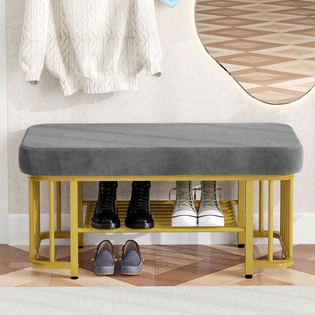 Meuble à chaussures 80x35x39.5cm - avec des étagères ouvertes - Gris+Doré