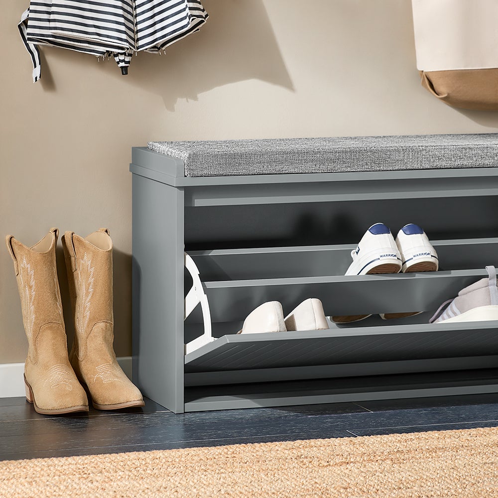 SoBuy Banc à Chaussures, Meuble à Chaussures, Meuble d'entrée, Assise Coussin Rembourré et Abattant, Gris, FSR98-L-HG - 6