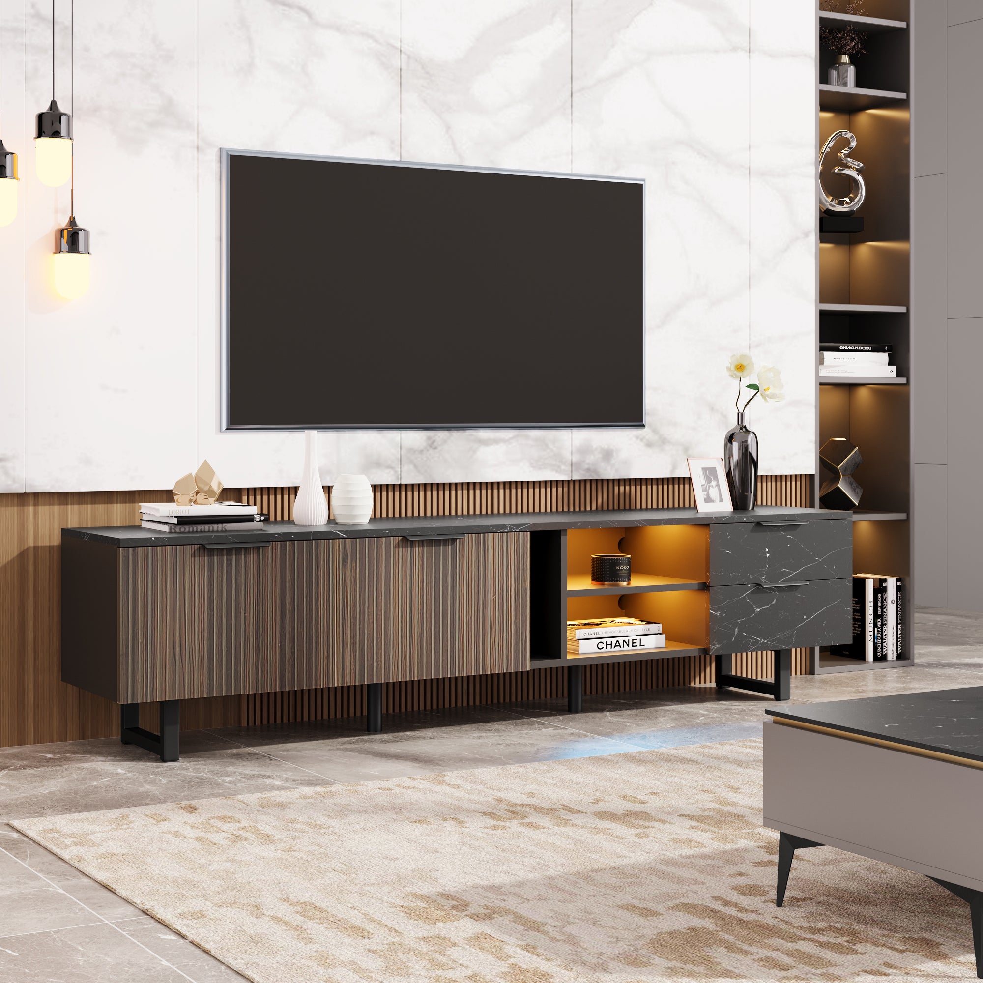 Mobile TV con 2 ante, 2 cassetti e 2 nicchie - 200 x 38 x 50 cm - LED - Legno MDF - Nero + legno - 2