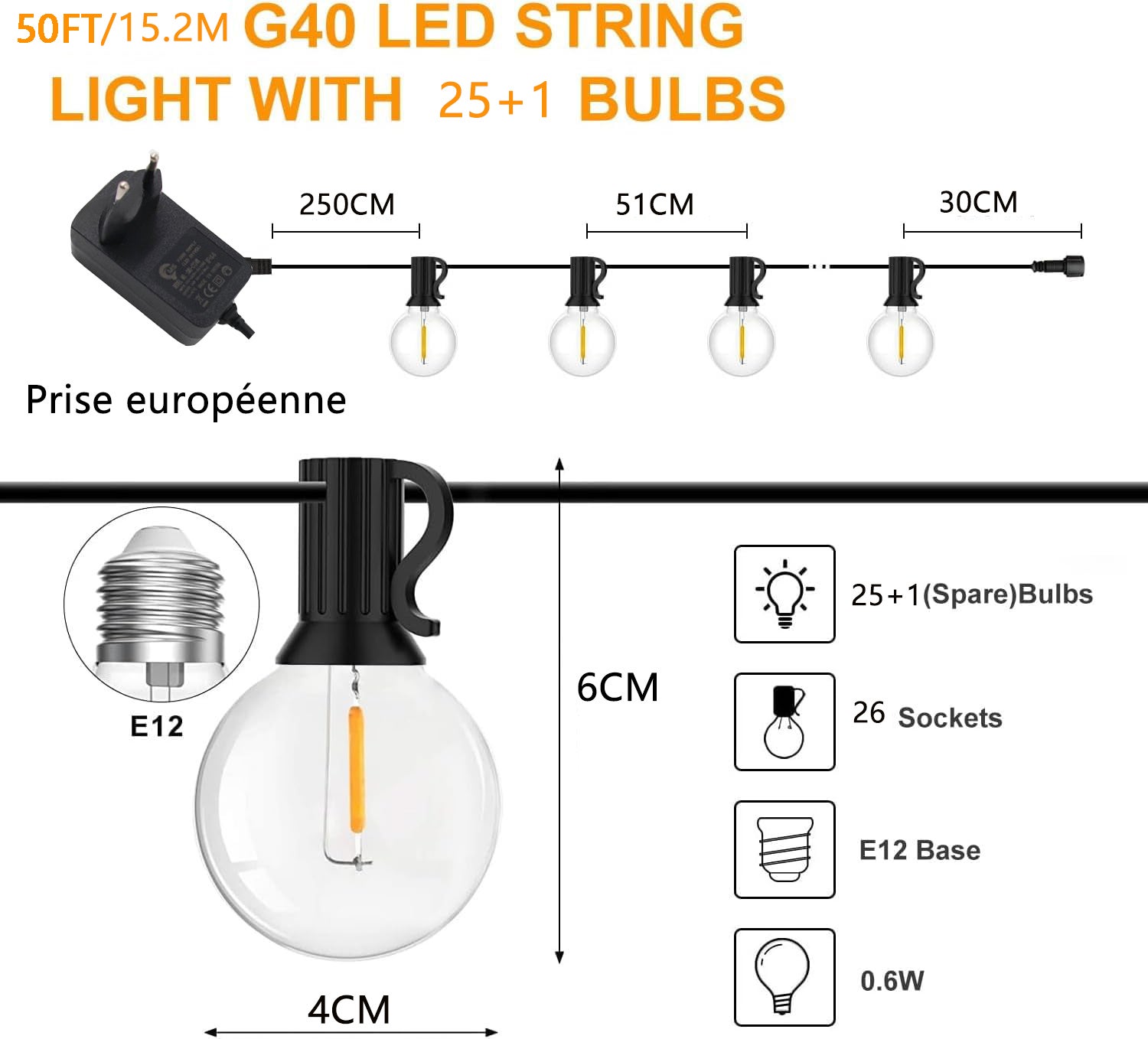 100PCS Guirlande lumineuse d'extérieur 15M, chaîne lumineuse d'extérieur, avec télécommande et ampoules LED 25+1G40, étanche IP44, adaptée terrasses - 4
