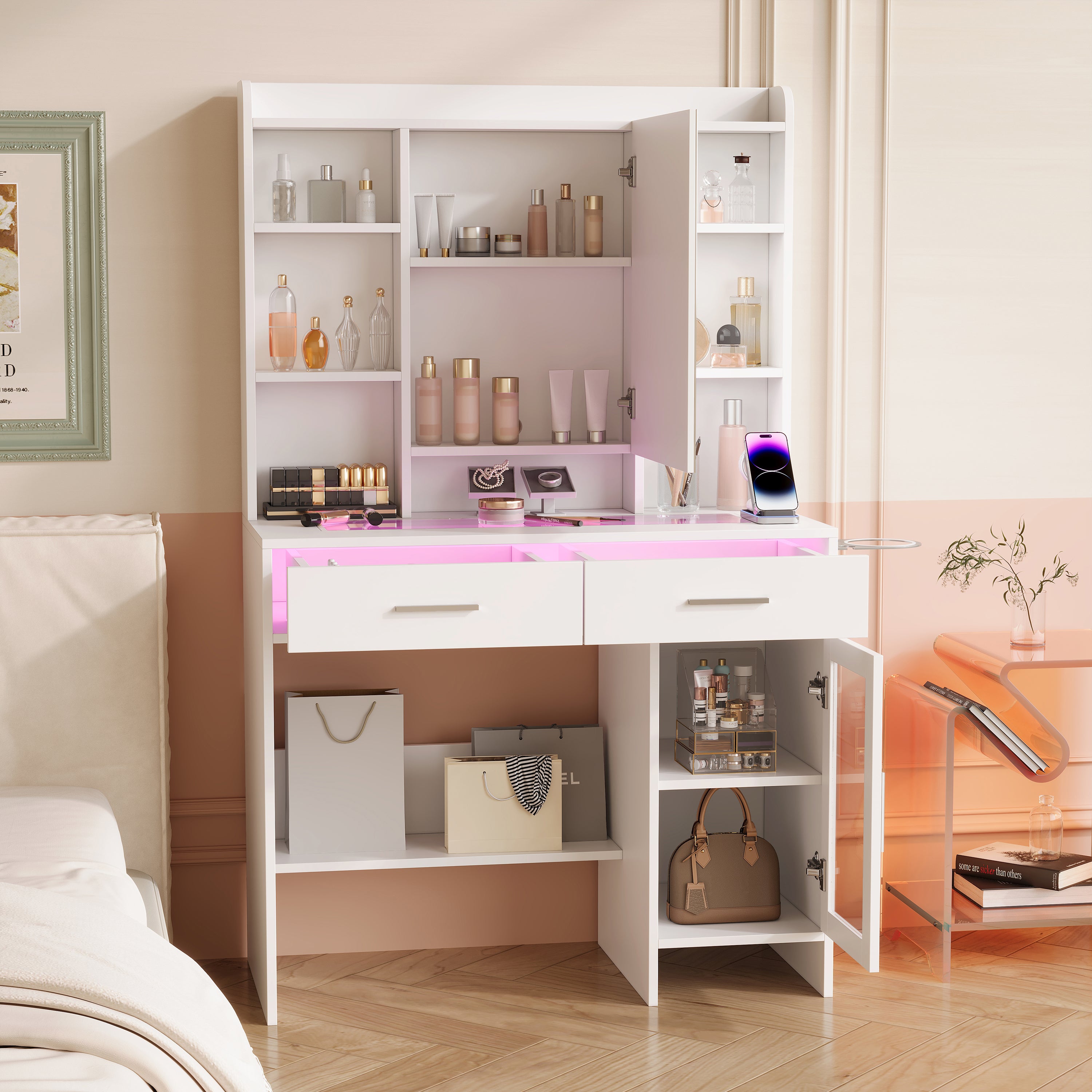 Coiffeuse avec éclairage, luminosité réglable, casiers visuels, miroir LED, avec prises, coiffeuse avec 2 tiroirs, 5 compartiments ouverts, blanche - 9