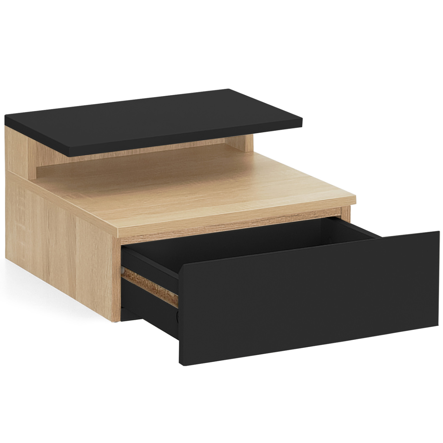 Lot de 2 tables de chevet murales TOMI 1 tiroir + 1 tablette étagère suspendue + 1 tablette façon hêtre et noir - 4