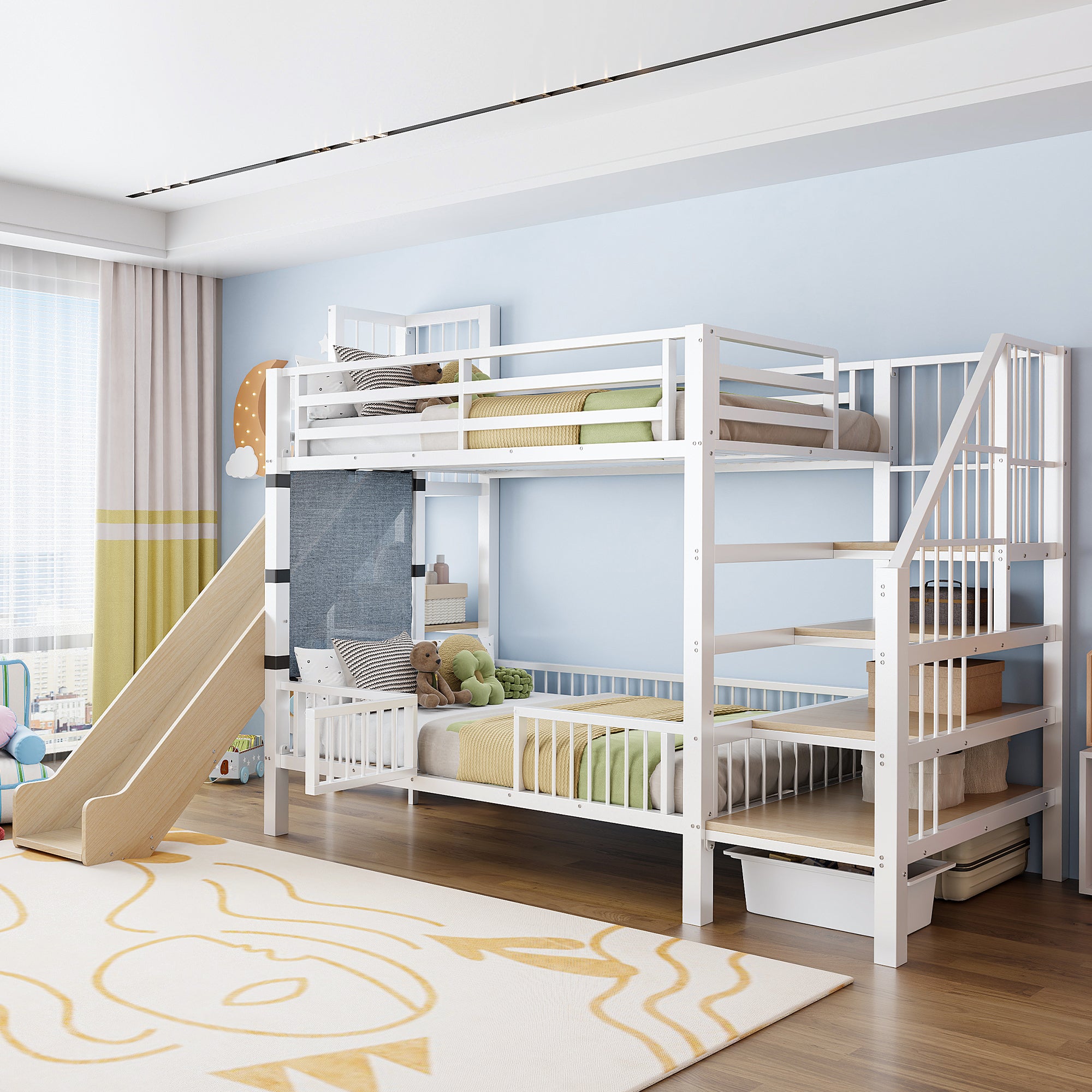 Łóżko wysokie metalowe ze Zjeżdżalnią i Schodami z Przechowywaniem 90x200CM, Łóżko antresola i Wbudowanymi Półkami, Oszczędność miejsca, Białe