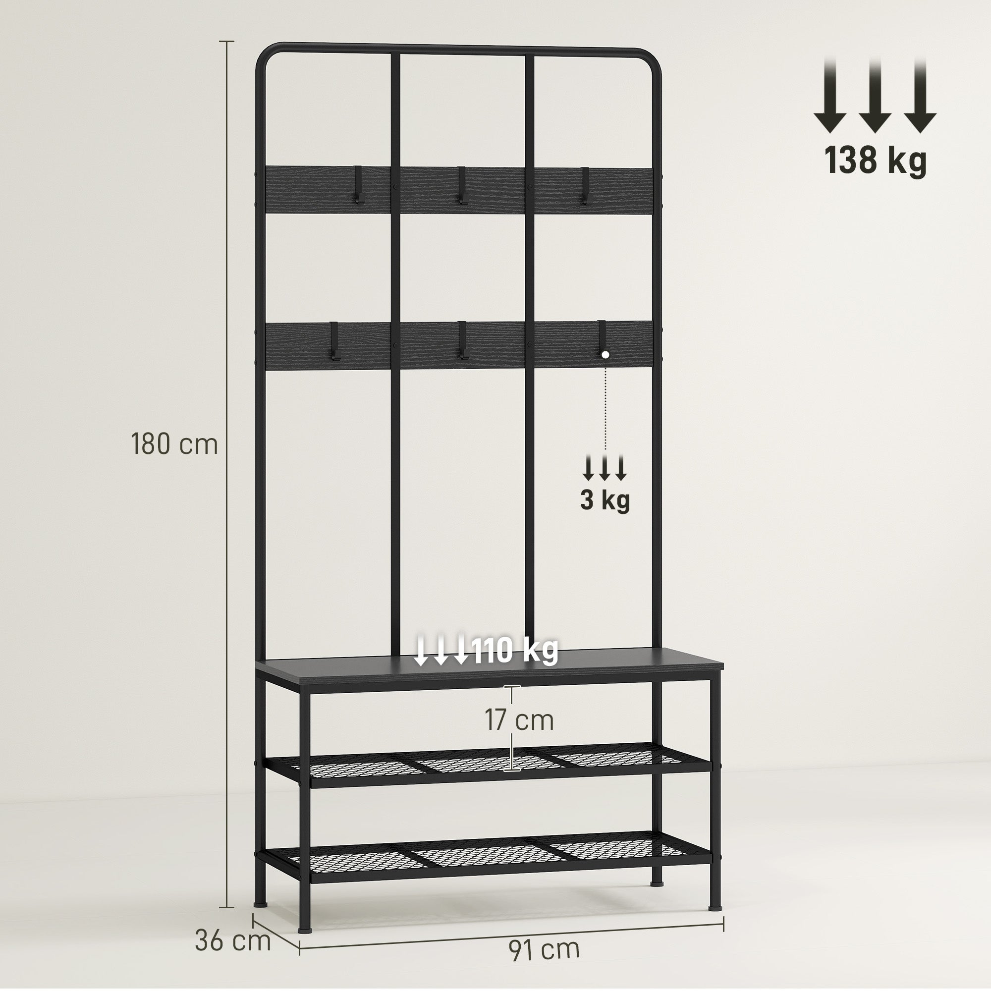 Commode 3 en 1 : porte-manteau, patère, banc, étagère à chaussures, métal, panneau de fibres, noir - 5