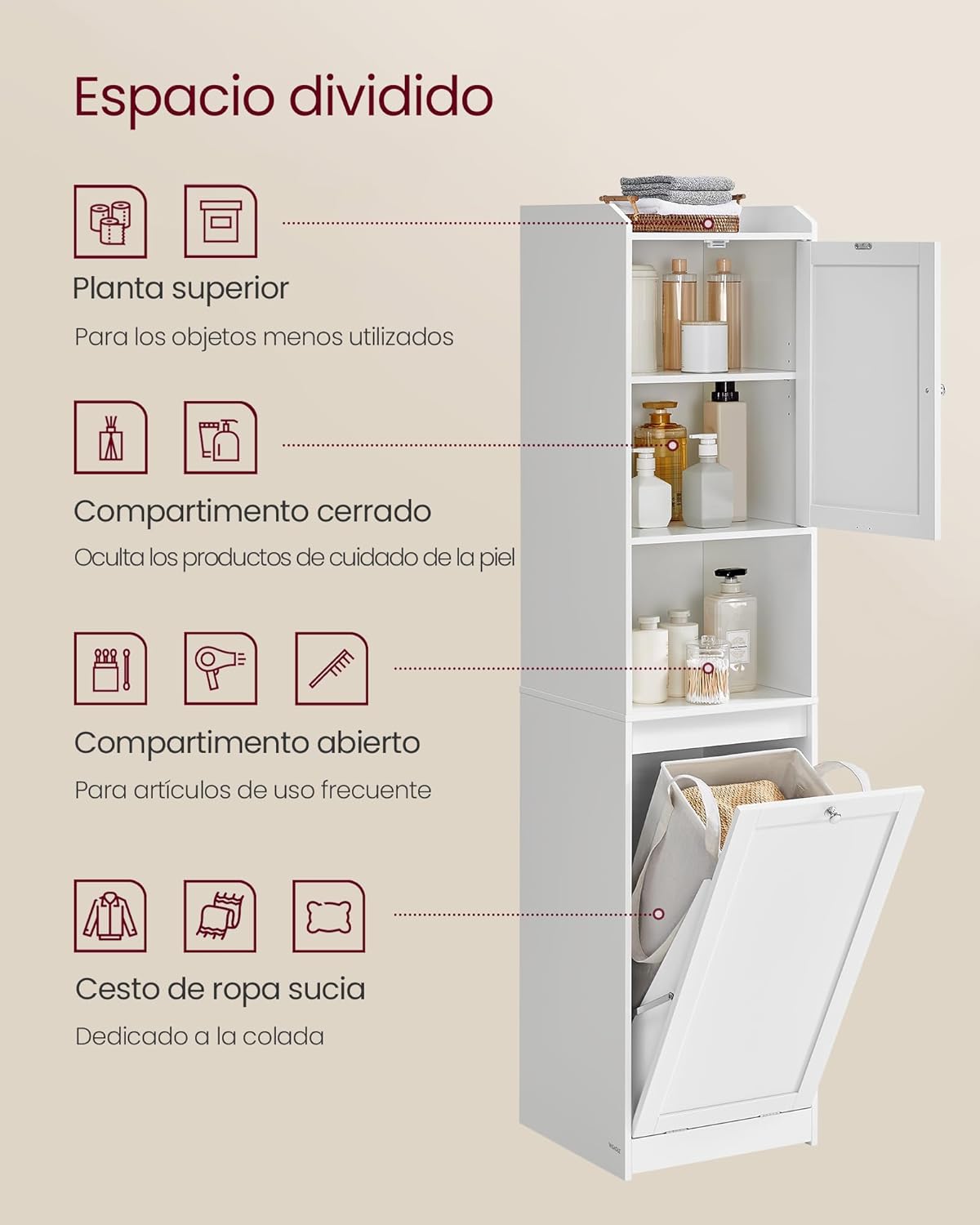 Armario de Baño con Cesto Ropa Sucia, Armario Alto de Baño, Compartimento con Puerta, Mueble de Baño, 40 x 40 x 170 cm, Blanco Nube - 3