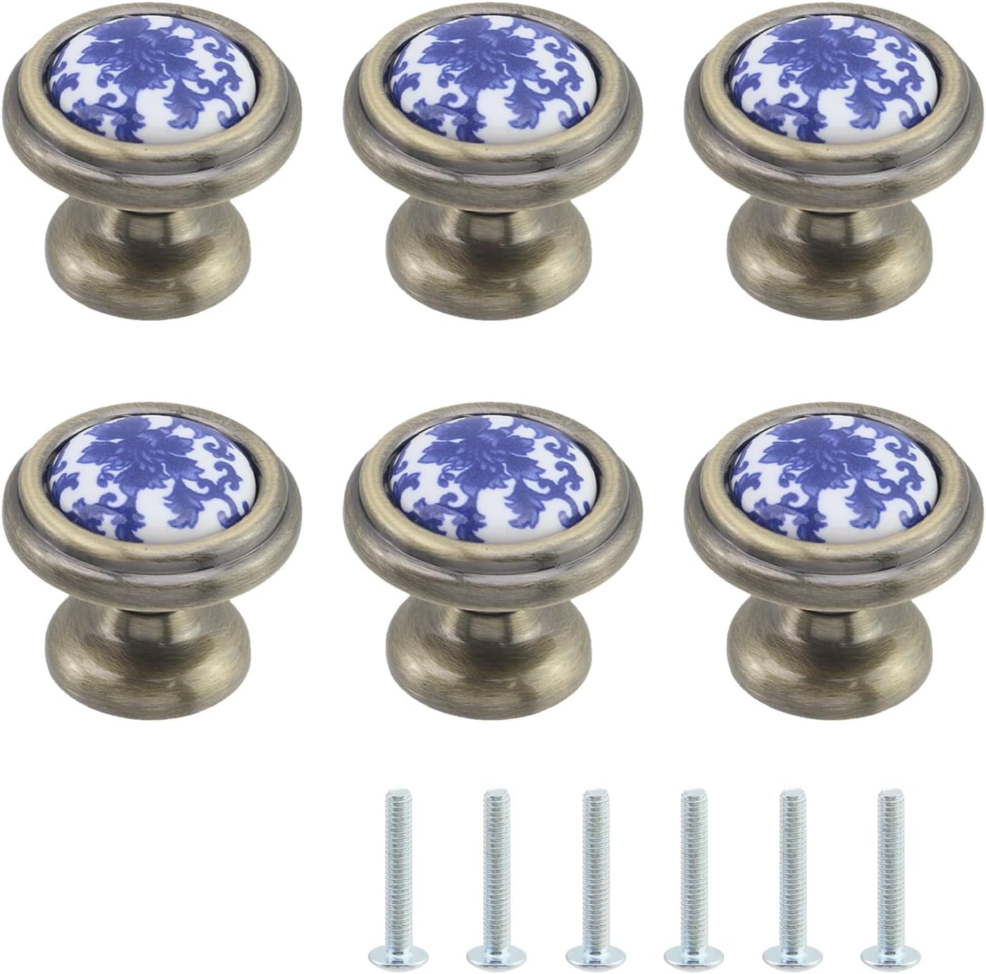 Zestaw 6 okrągłych ceramicznych gałek do szuflad ze stopu cynku o średnicy 32 mm, antyczny brąz, uchwyty do drzwi kuchennych ze śrubami, niebieskie i