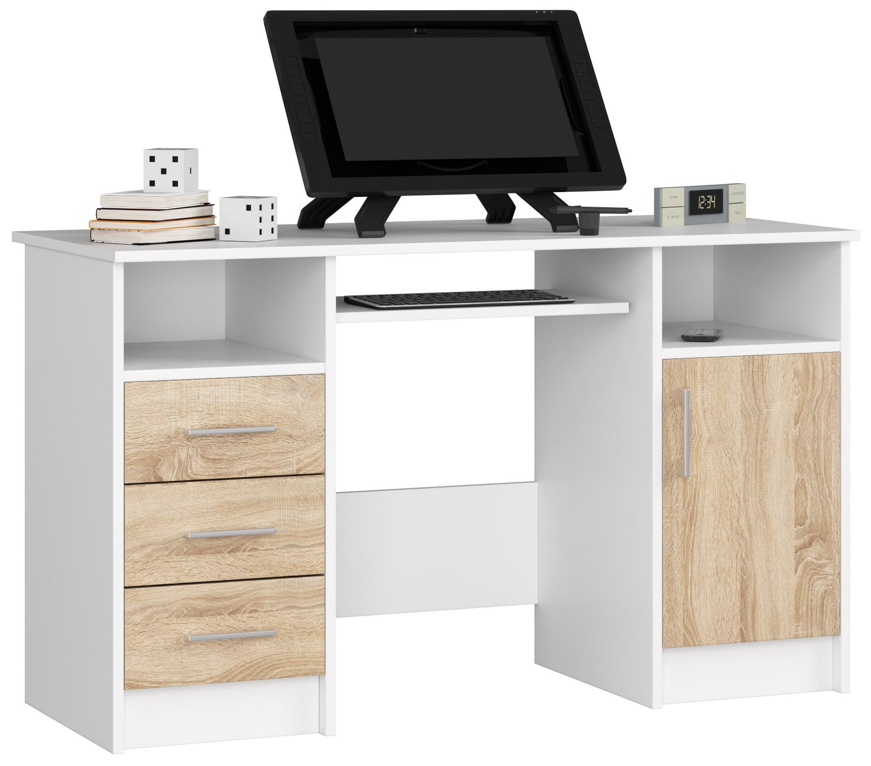 Biurko AKORD ANA Białe 124 cm biurko komputerowe 1 drzwi 3 szuflady kolor Dąb Sonoma mat 5 półek 124x52x74 cm