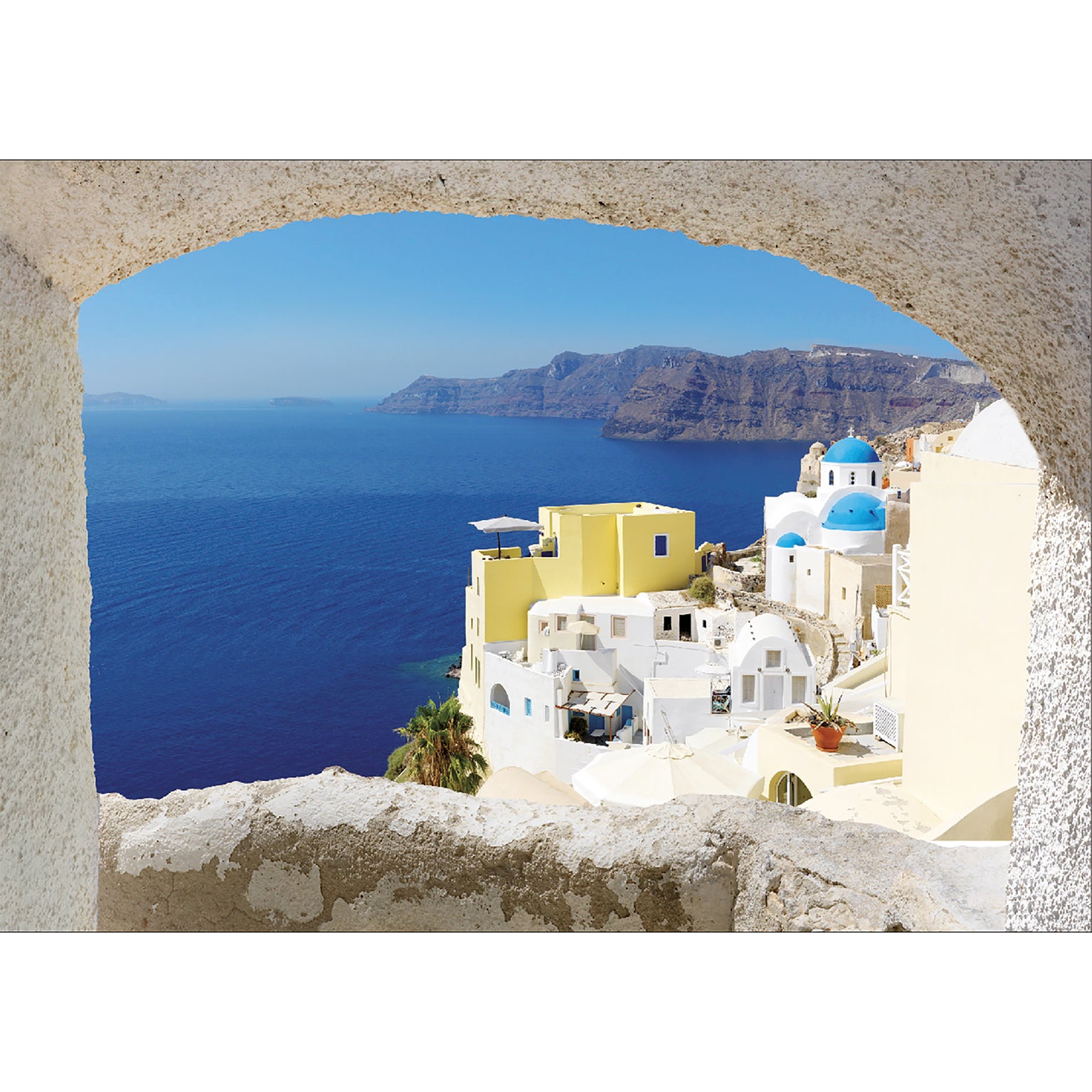 Ventana de pegatina decorativa Trompe L'Oeil Efecto 3D, foto vista en el archipiélago de Santorini, casas blancas en formas de cubos, 68 cm x 48 cm - 2