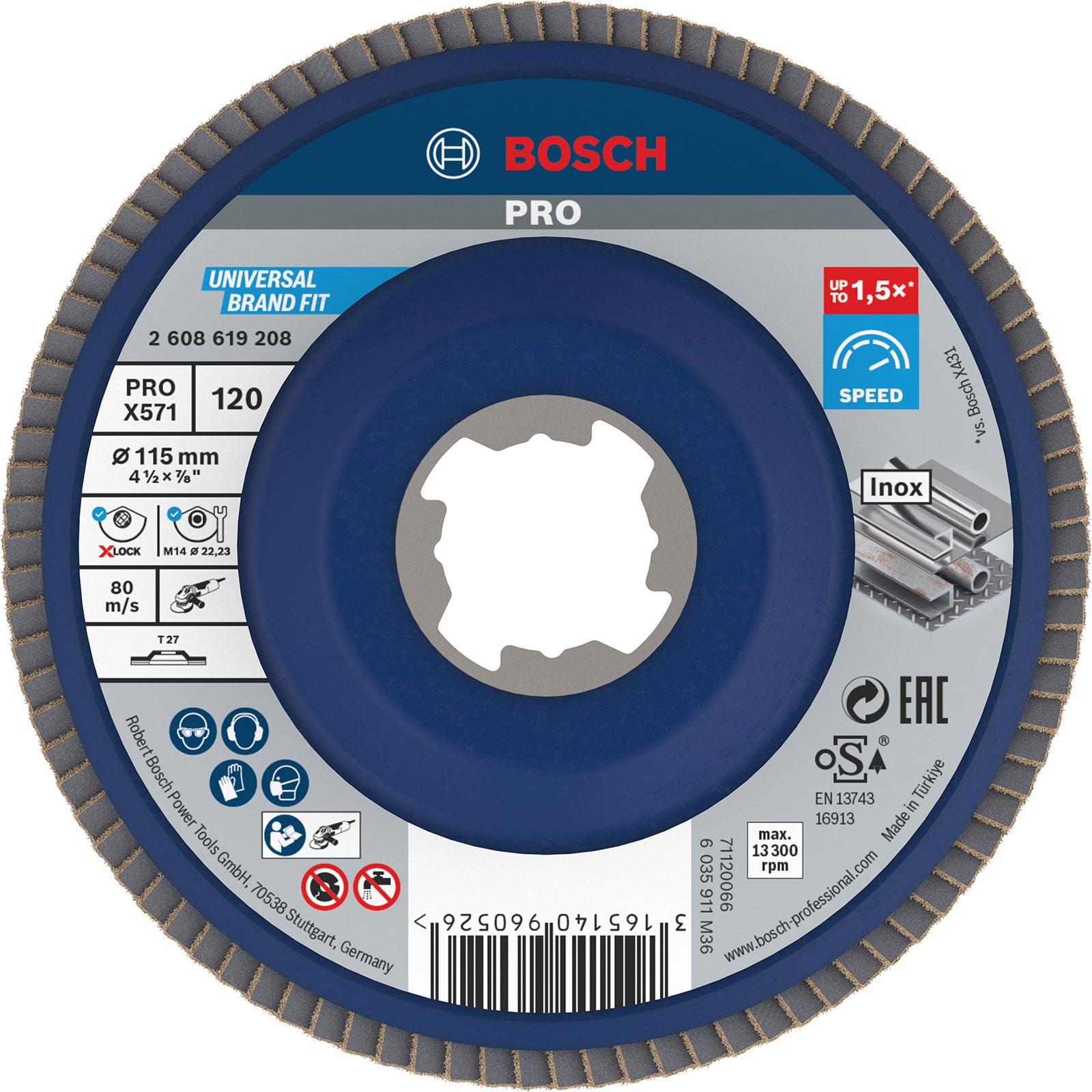 Bosch Professional 2608619208 Disco Lamellare Dritto, per Metallo, X-Lock, X571, Ø115 mm, Grana K120, Diametro Ø 22.23 mm