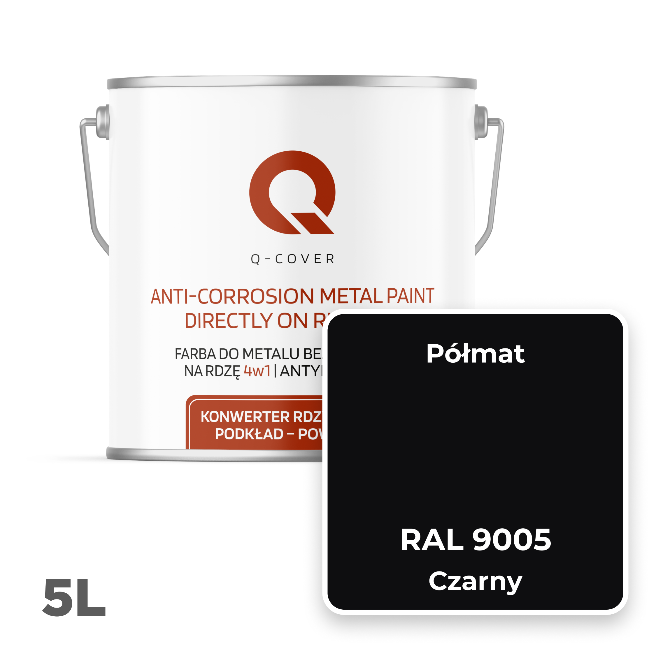Farba do Metalu Prosto na Rdzę 4w1 Q-Cover Czarny RAL9005 Półmat 5L - 2