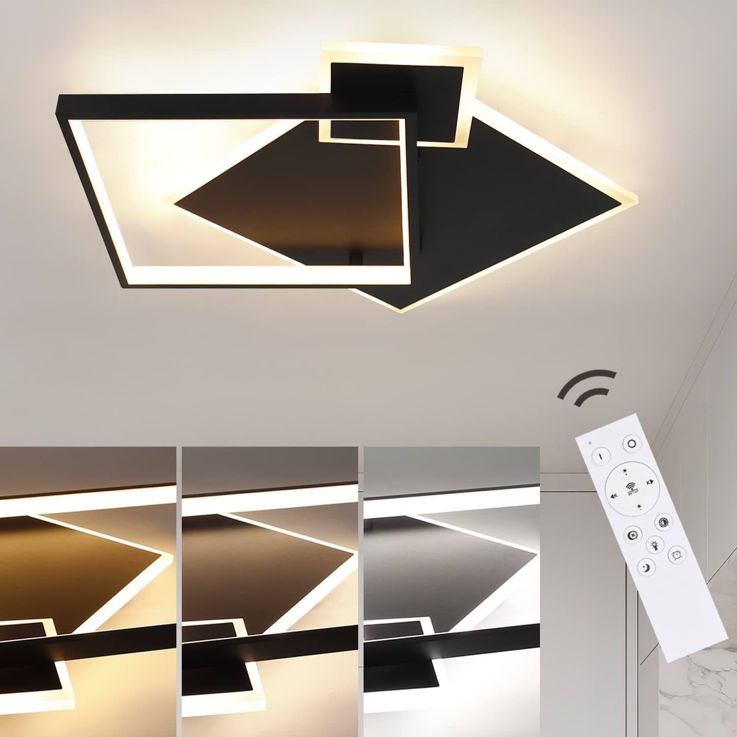 NETTLIFE Czarna lampa sufitowa LED ściemnialna 50W Nowoczesna lampa do salonu z pilotem Metal do jadalni, kuchni, sypialni