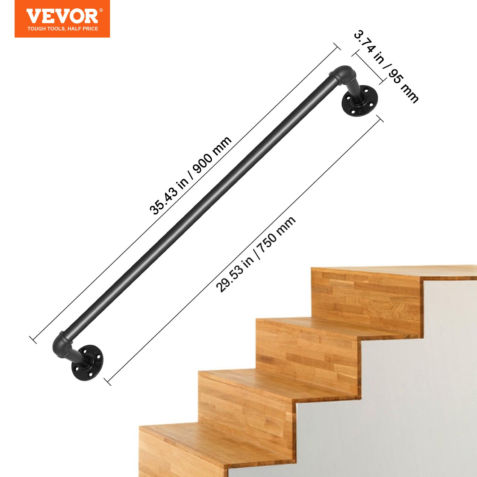 Rampe Escalier Murale VEVOR 0,9 m Main Courante Acier Carbone Garde-Corps en Métal Capacité Charge 200 kg/Tube Rambarde Tube 32 mm 2 Supports Muraux - 7