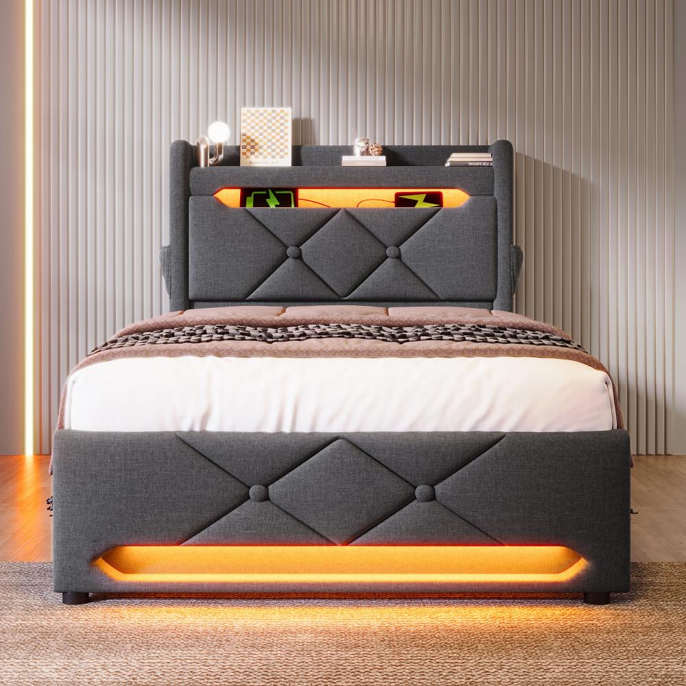 Łóżko ze sztucznej skóry o wymiarach 90x200 cm z oświetleniem LED 360°, portami USB i typu C, wygodnym schowkiem hydraulicznym