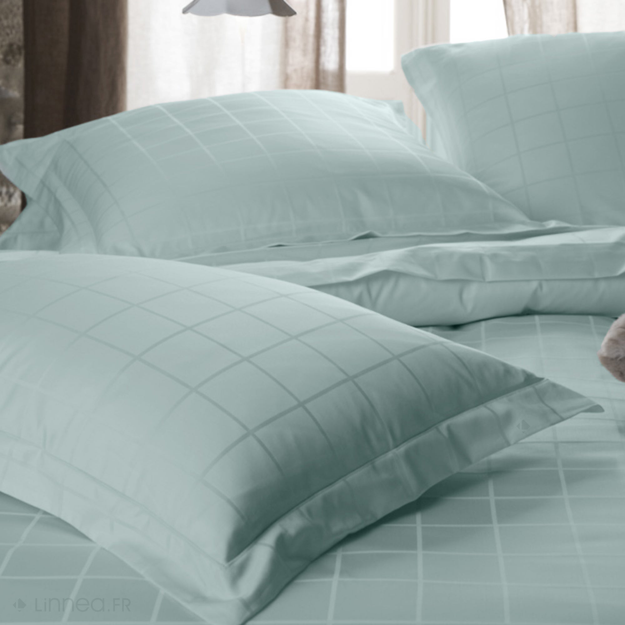 Drap plat 240x300 cm satin CONCERTO à carreaux vert Lichen - 2